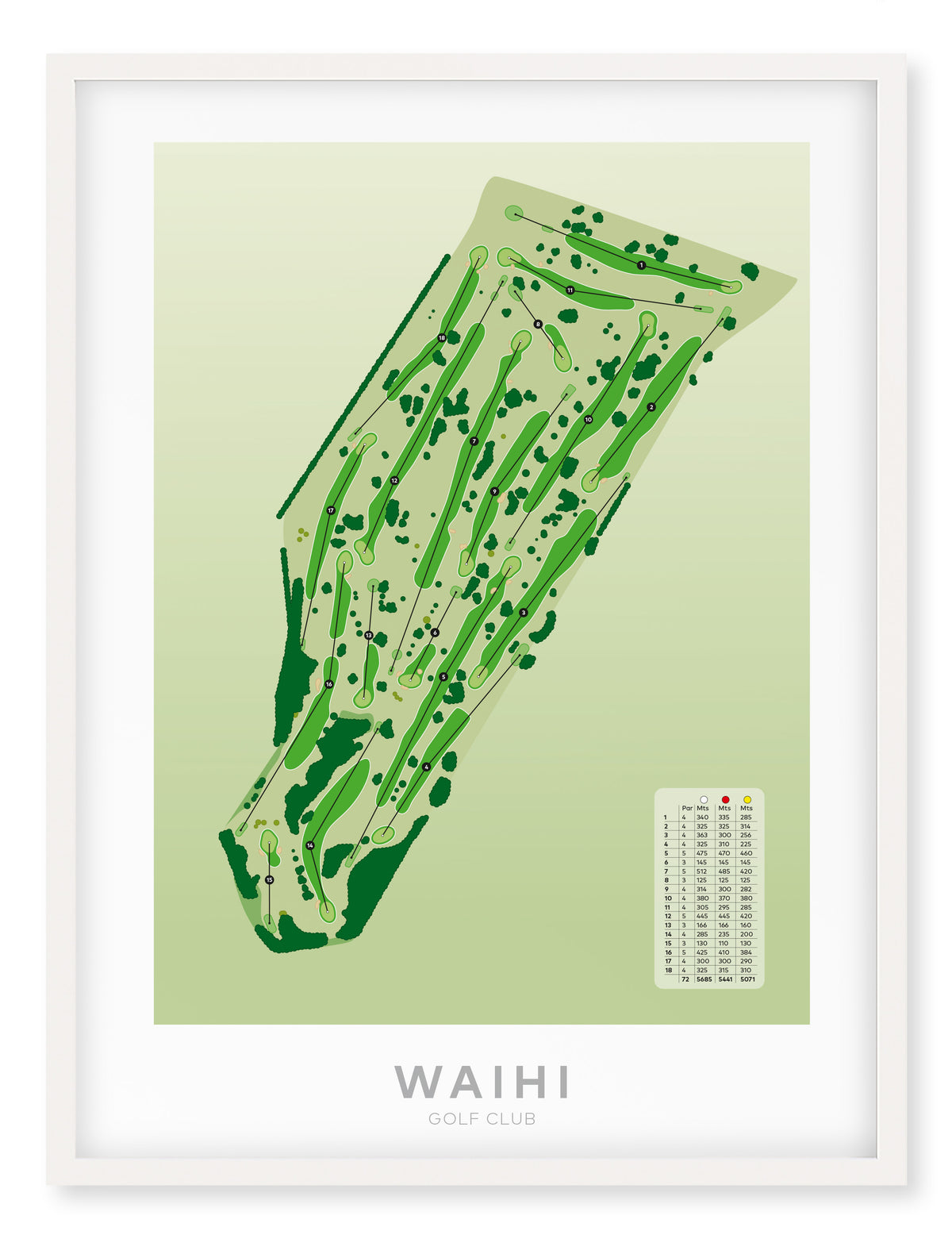 White framed Minimalist fine art map of Waihi Golf Course, Hauraki District, New Zealand