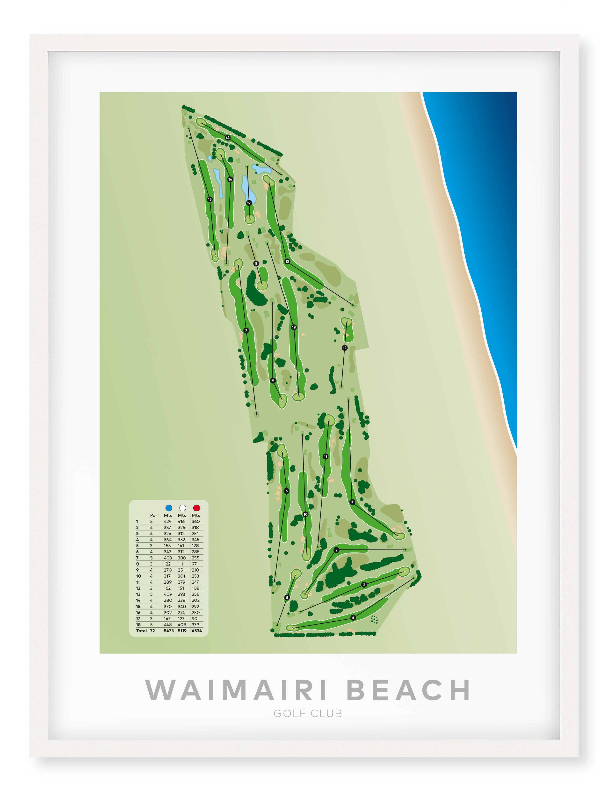 White framed Minimalist fine art map of Waimairi Beach Golf Course, Christchurch, Canterbury, New Zealand