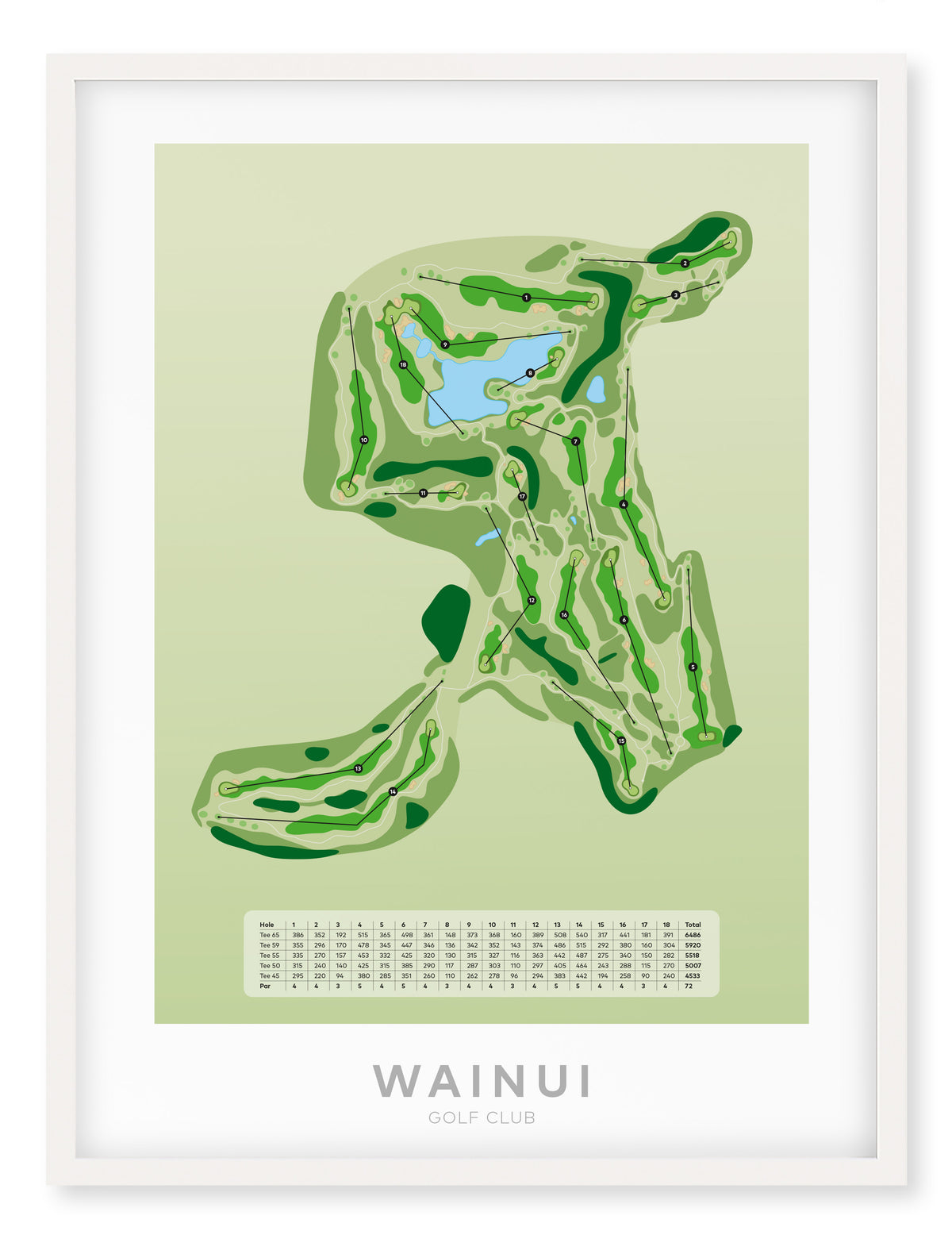 White framed Minimalist fine art map of Wainui Golf Course, North Shore, Auckland, New Zealand