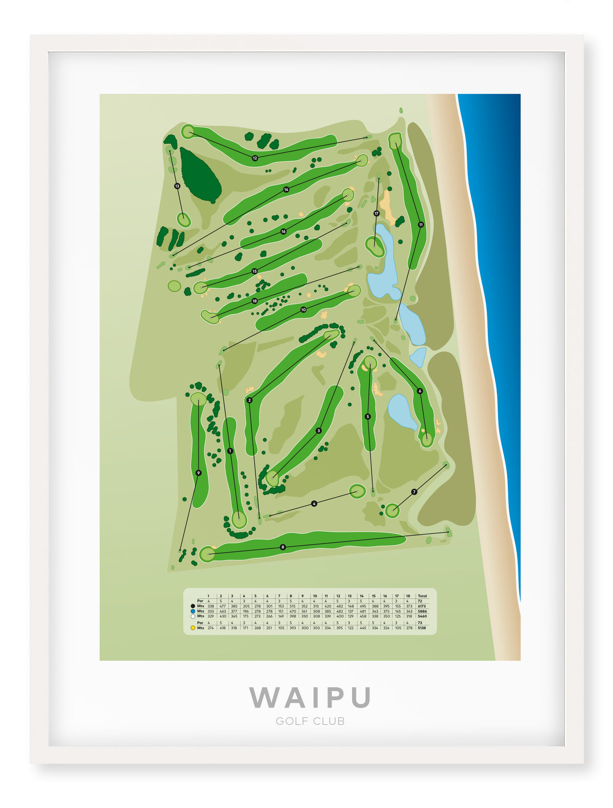 White framed Minimalist fine art map of Waipu Golf Course, Northland, New Zealand