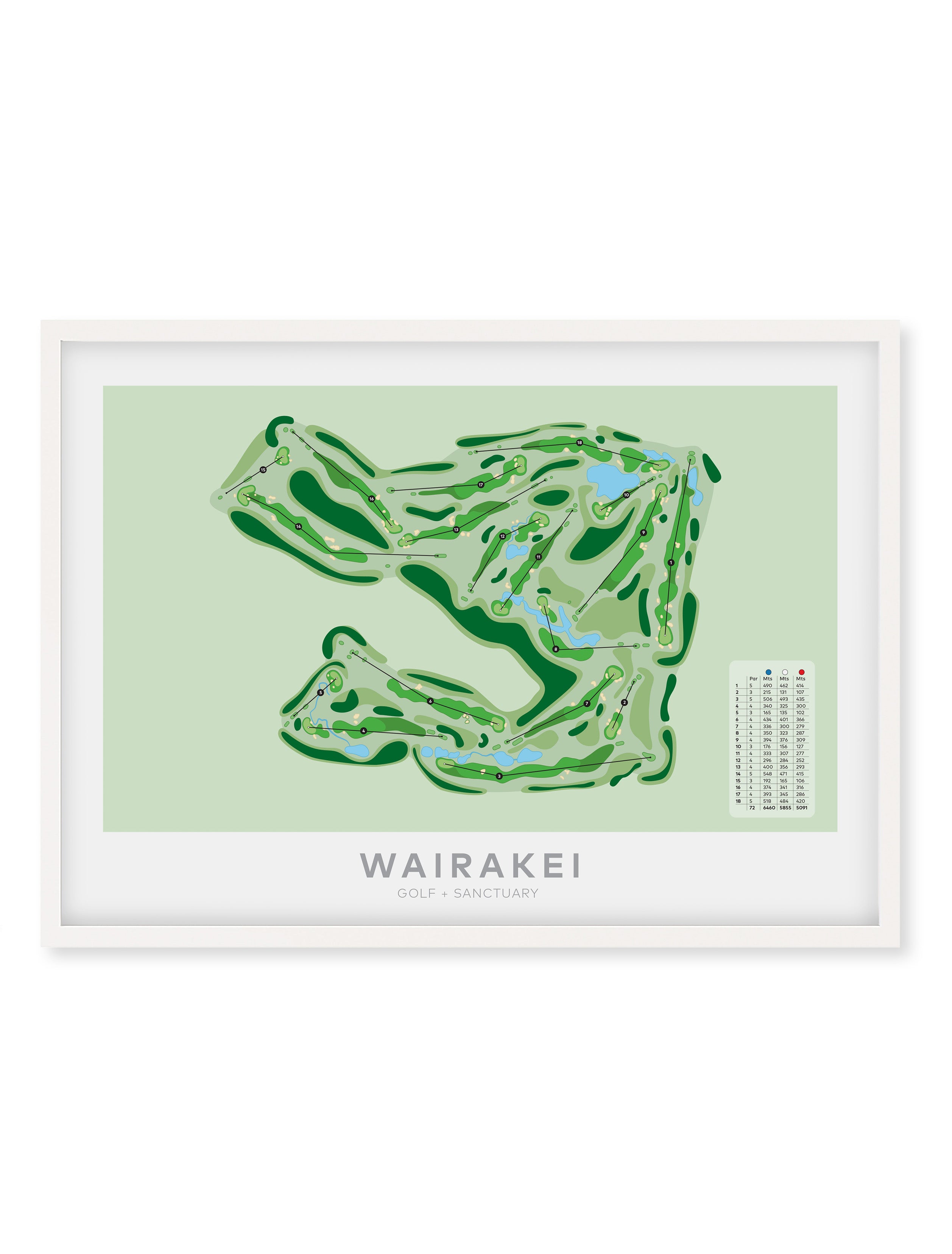 White Framed Minimalist fine art map of Wairakei Golf + Sanctuary Golf Course, Taupo, Waikato, New Zealand