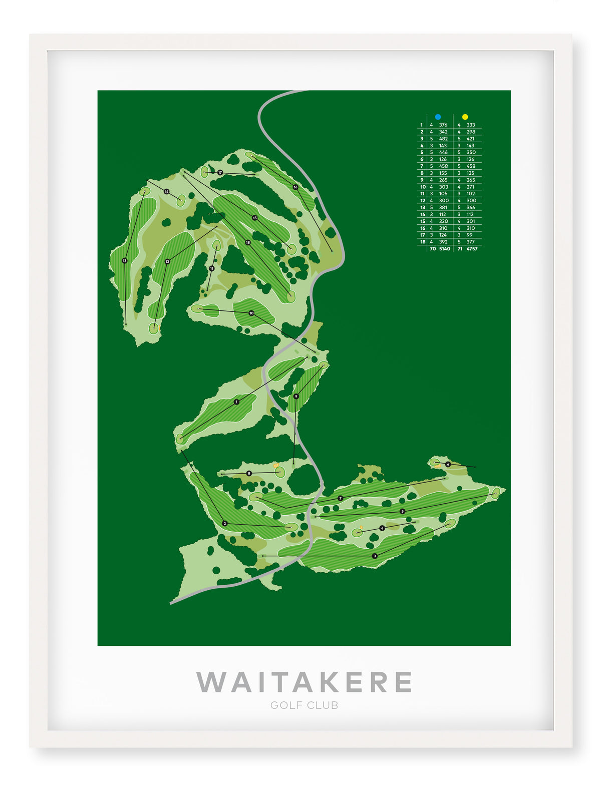 White framed Minimalist fine art map of Waitakere Golf Course, Auckland, New Zealand