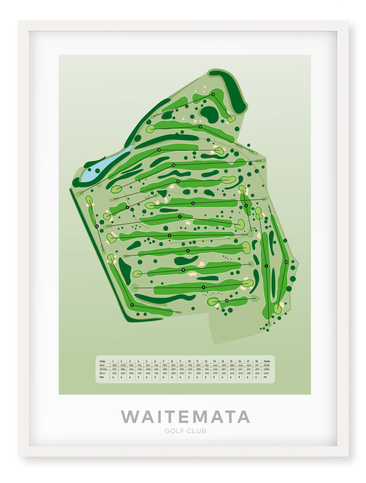 White framed Minimalist fine art map of Waitemata Golf Course, North Shore, Devonport, Auckland, New Zealand