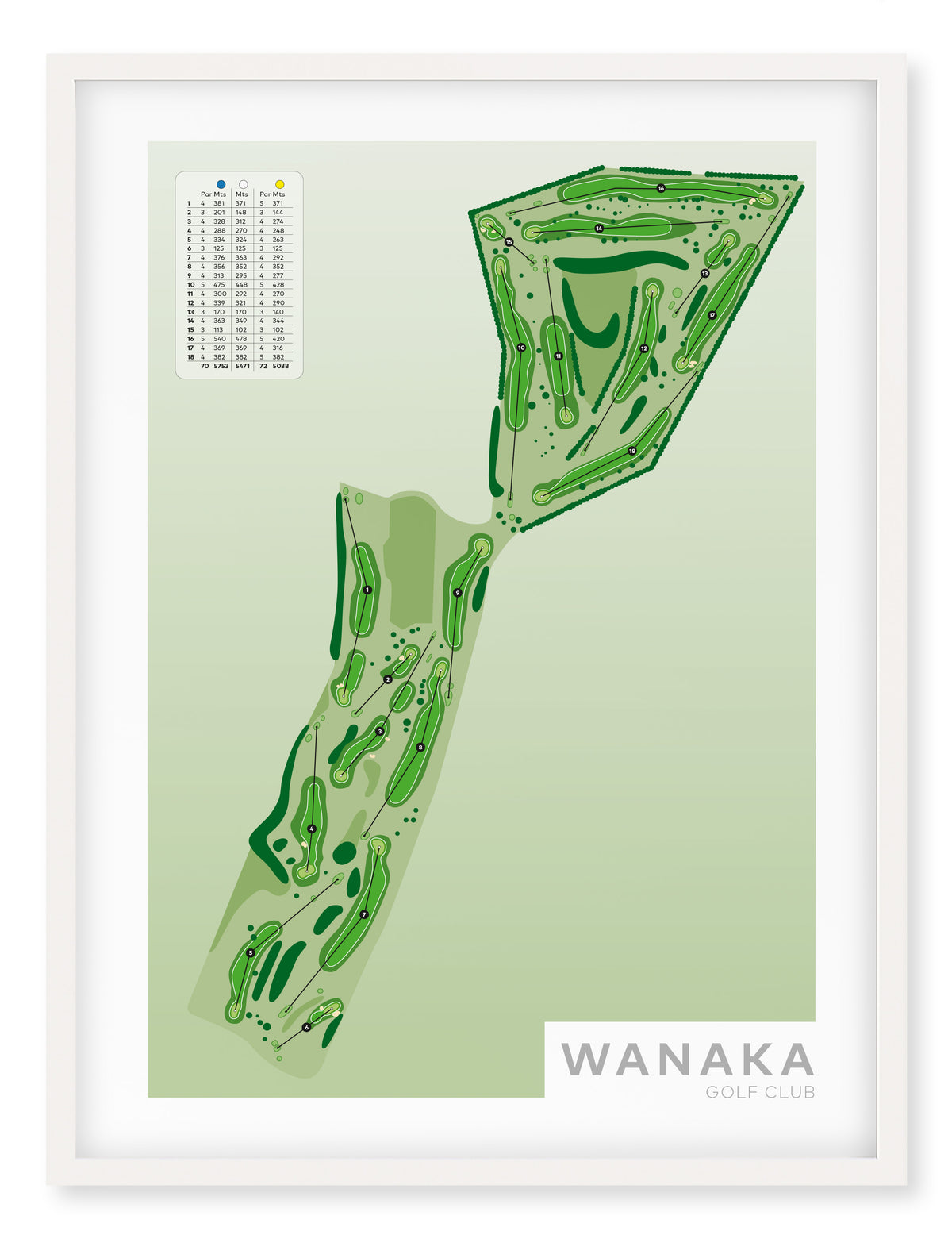 White framed Minimalist fine art map of Wanaka Golf Course, Otago, Queenstown Lakes Region, New Zealand