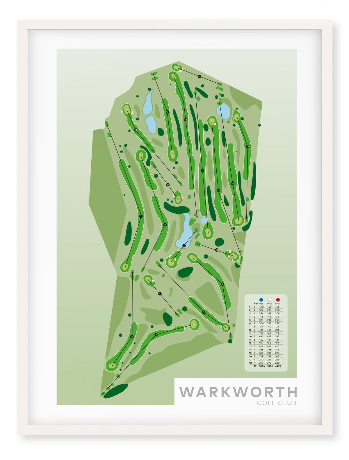 White framed Minimalist fine art map of Warkworth Golf Course, Auckland region, New Zealand