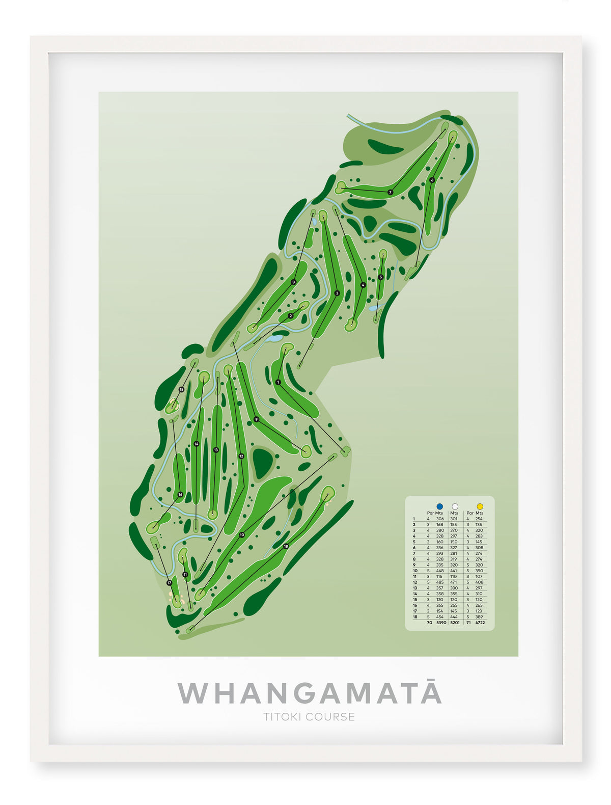 White framed minimalist golf course map of Whangamata Titoki Course, perfect wall decor and gift for golfers."