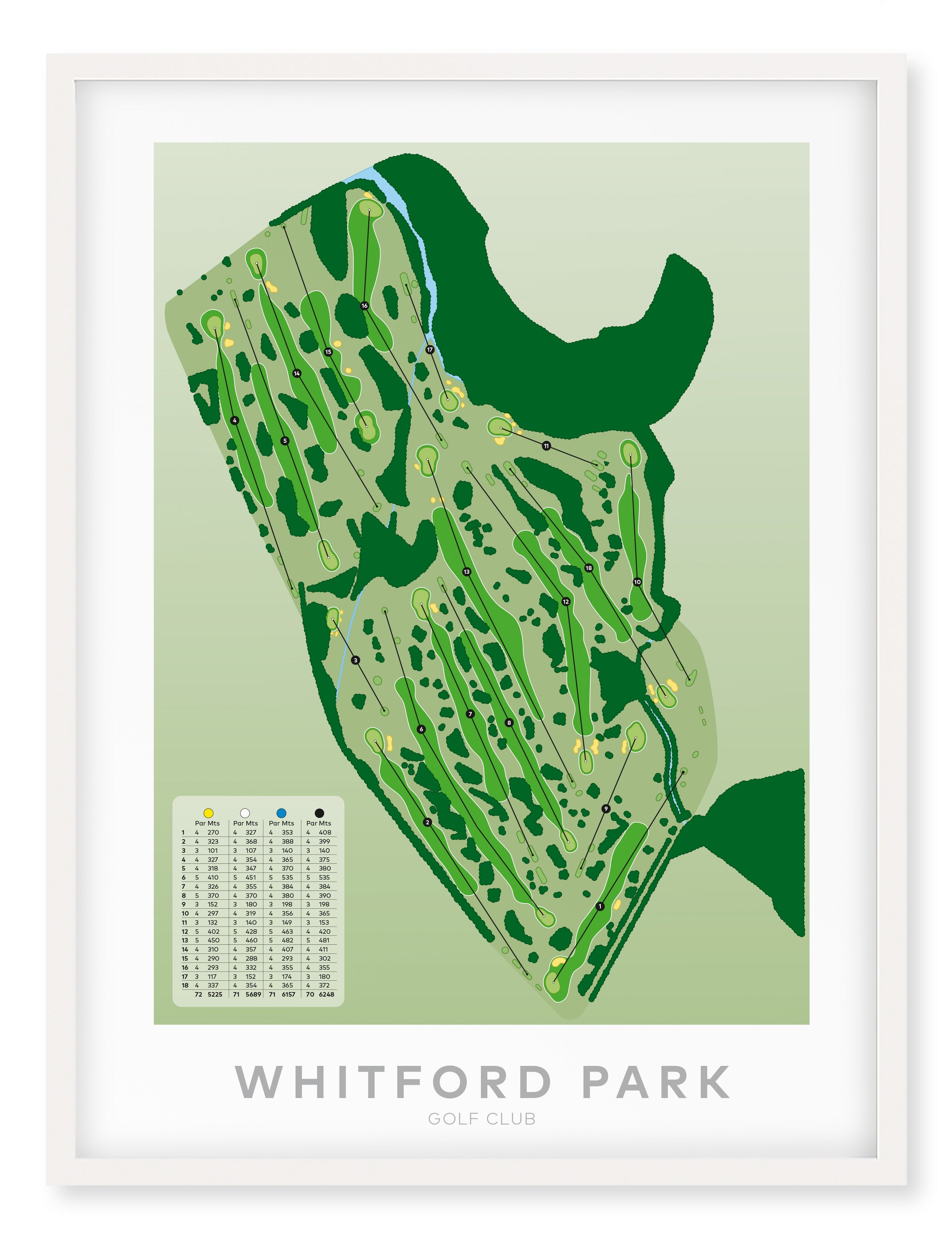 White framed Minimalist fine art map of Whitford Park Golf Course, Auckland, New Zealand