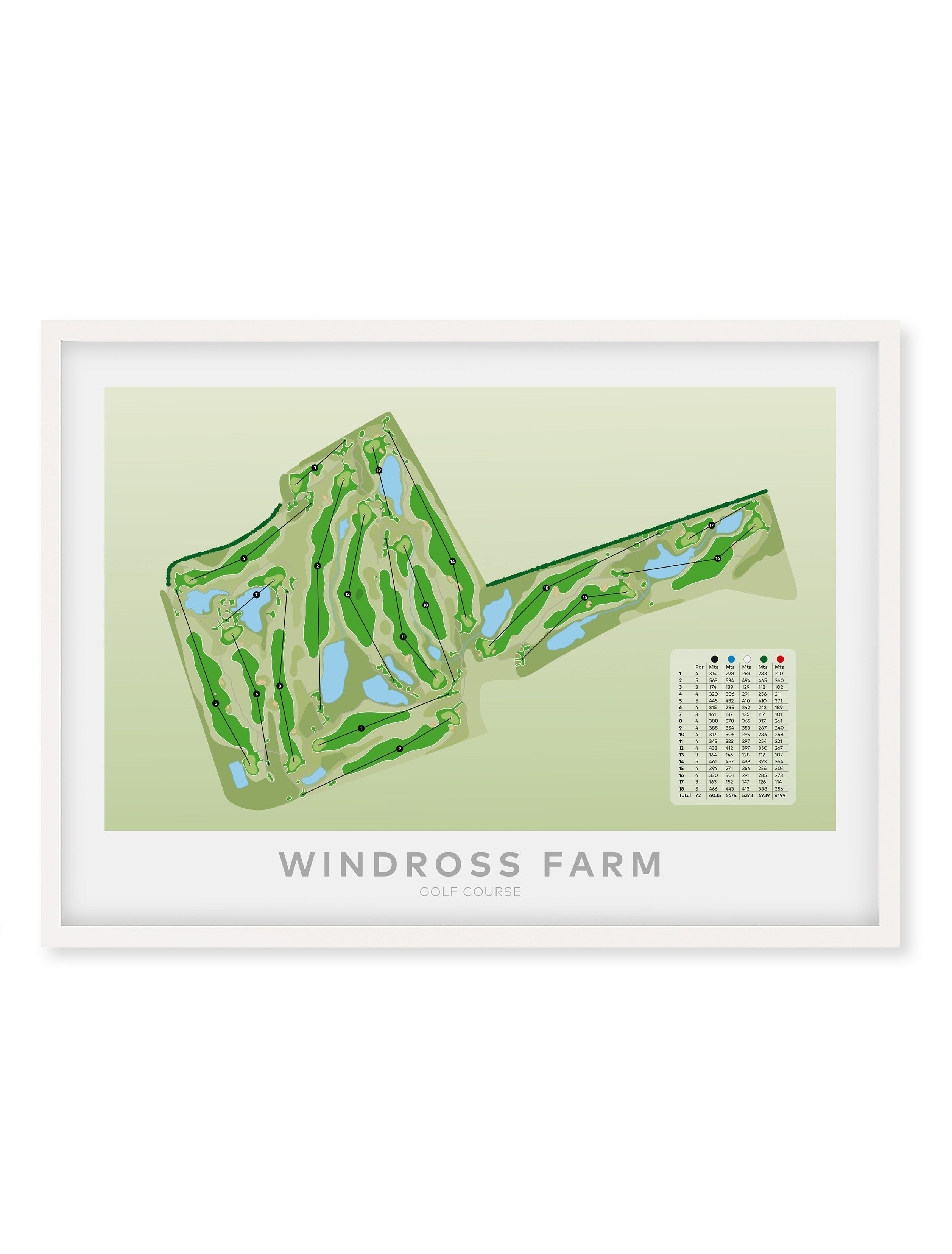 White Framed Minimalist fine art map of Windross Farm Golf Course, Auckland, New Zealand