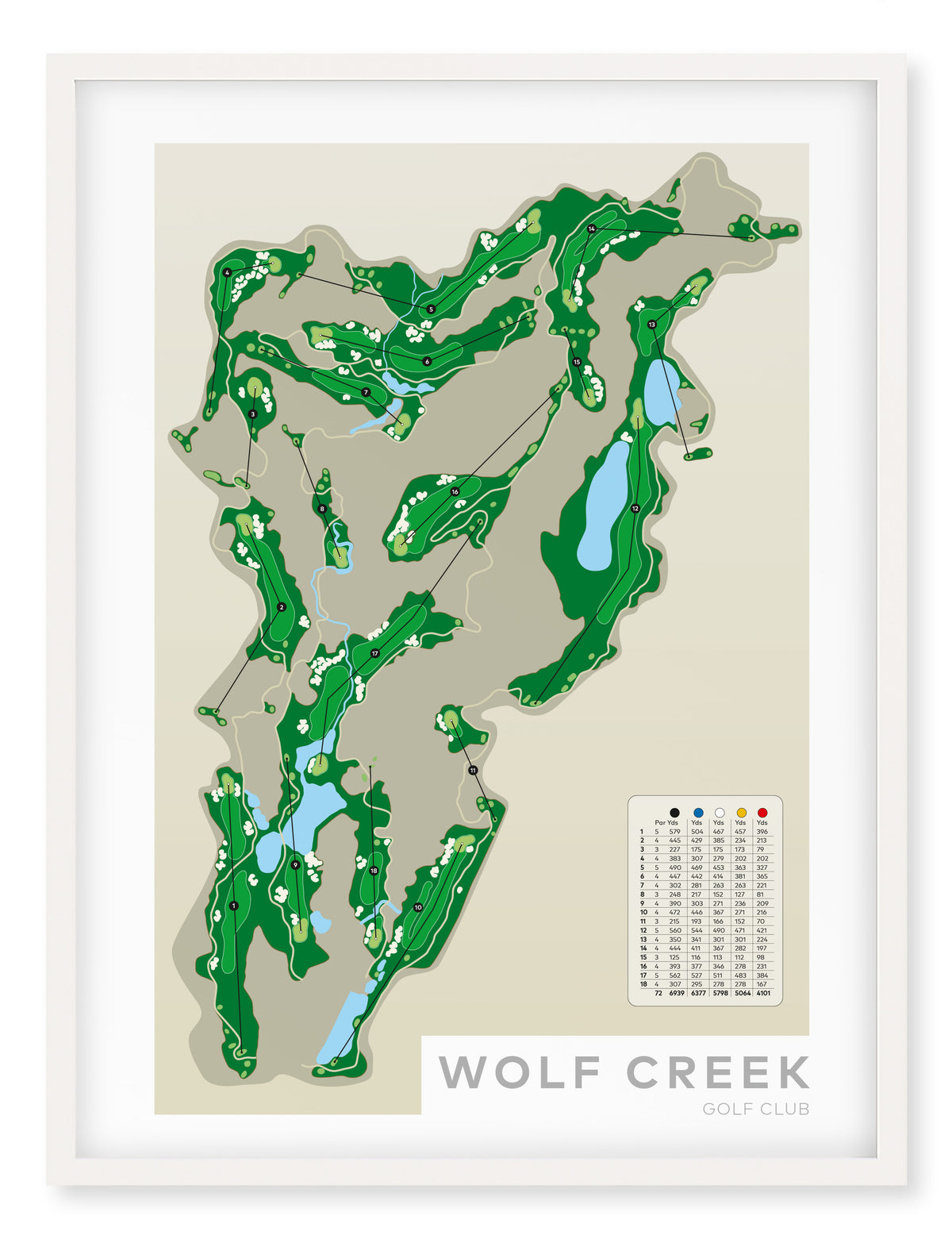 White framed Minimalist fine art map of Wolf Creek Golf Course, Nevada USA