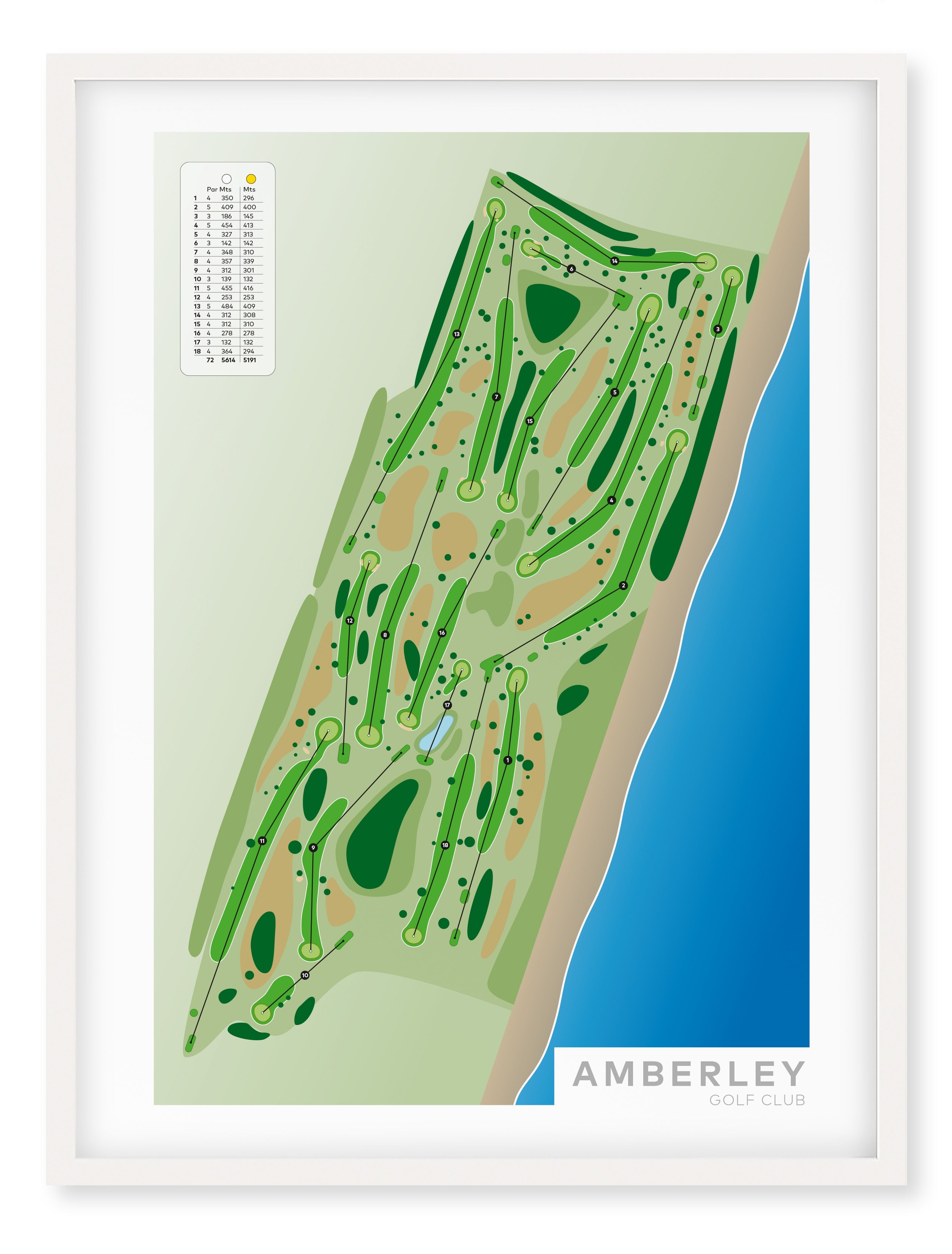 White framed minimalist fine art map of Amberley Golf Course, Christchurch, Canterbury, New Zealand