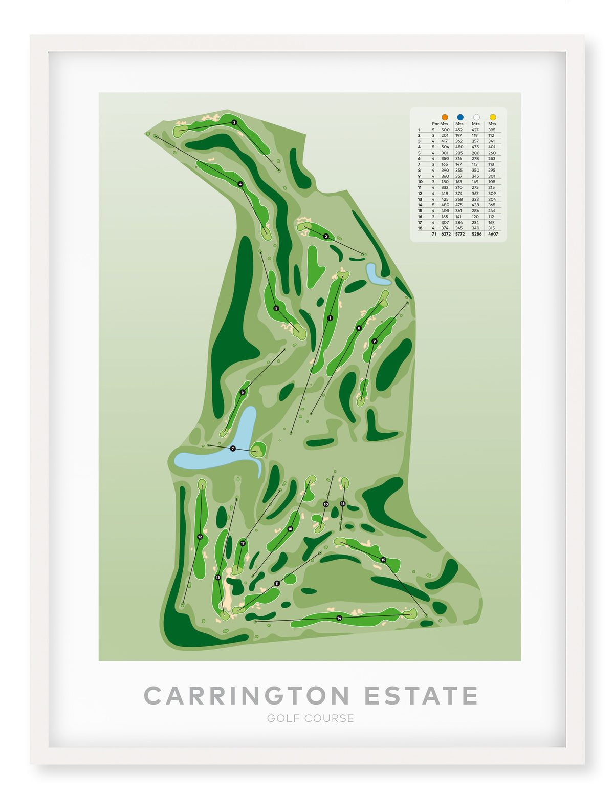 White framed minimalist fine art map of Carrington Estate Golf Course, Northland, New Zealand