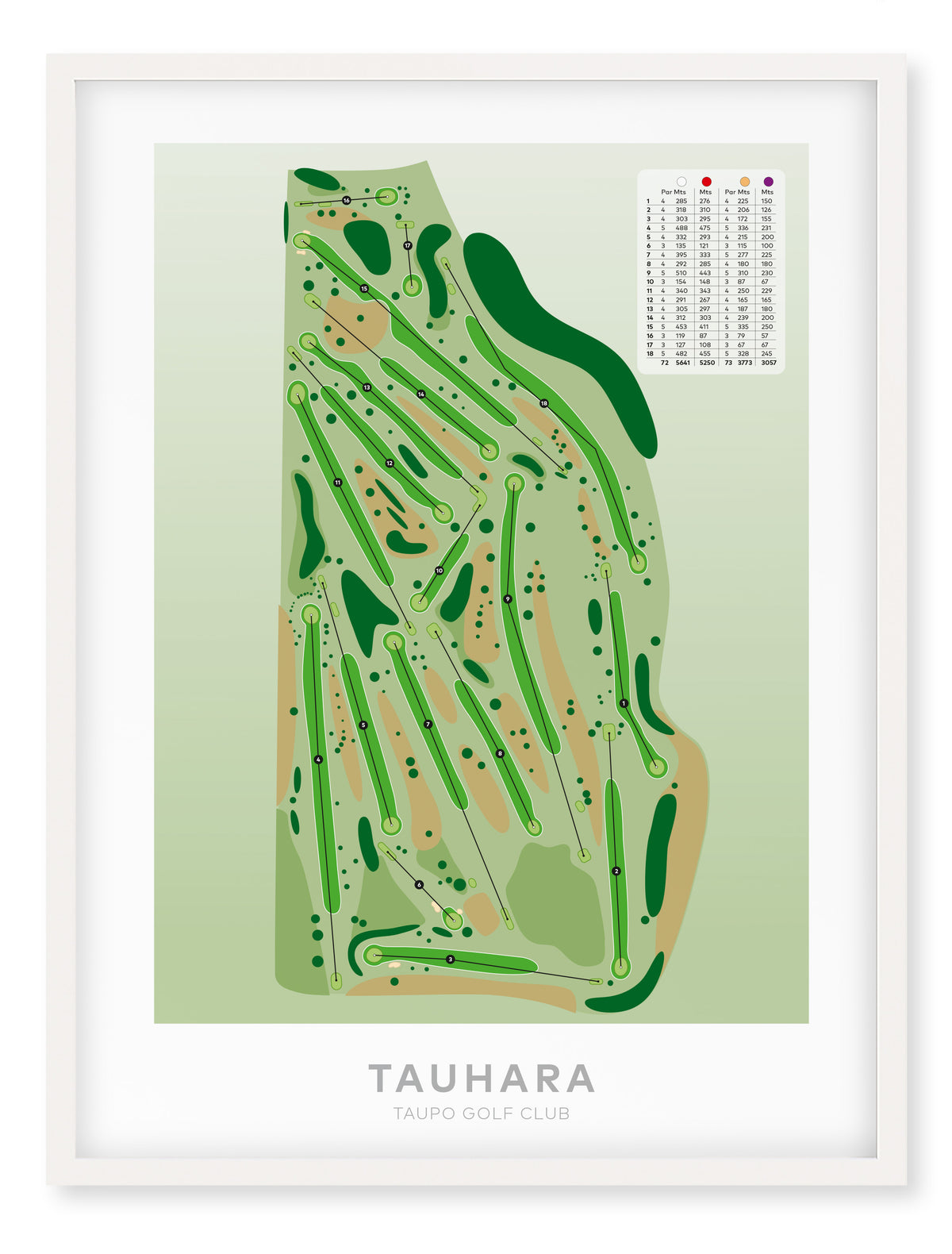 White framed Minimalist fine art map of Taupo - Tauhara Golf Course, Waikato, New Zealand