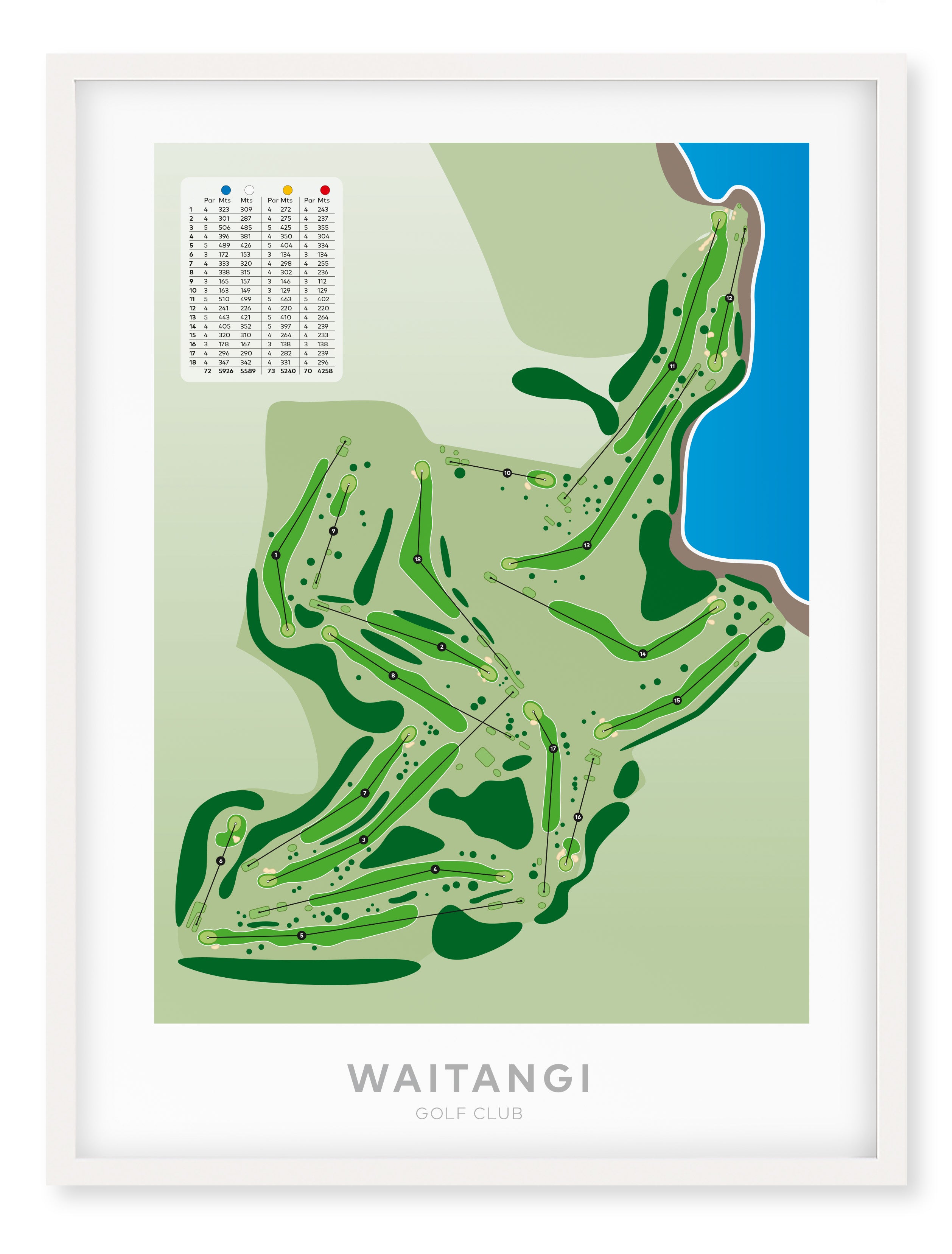 White framed Minimalist fine art map of Waitangi Golf Course, Northland, New Zealand