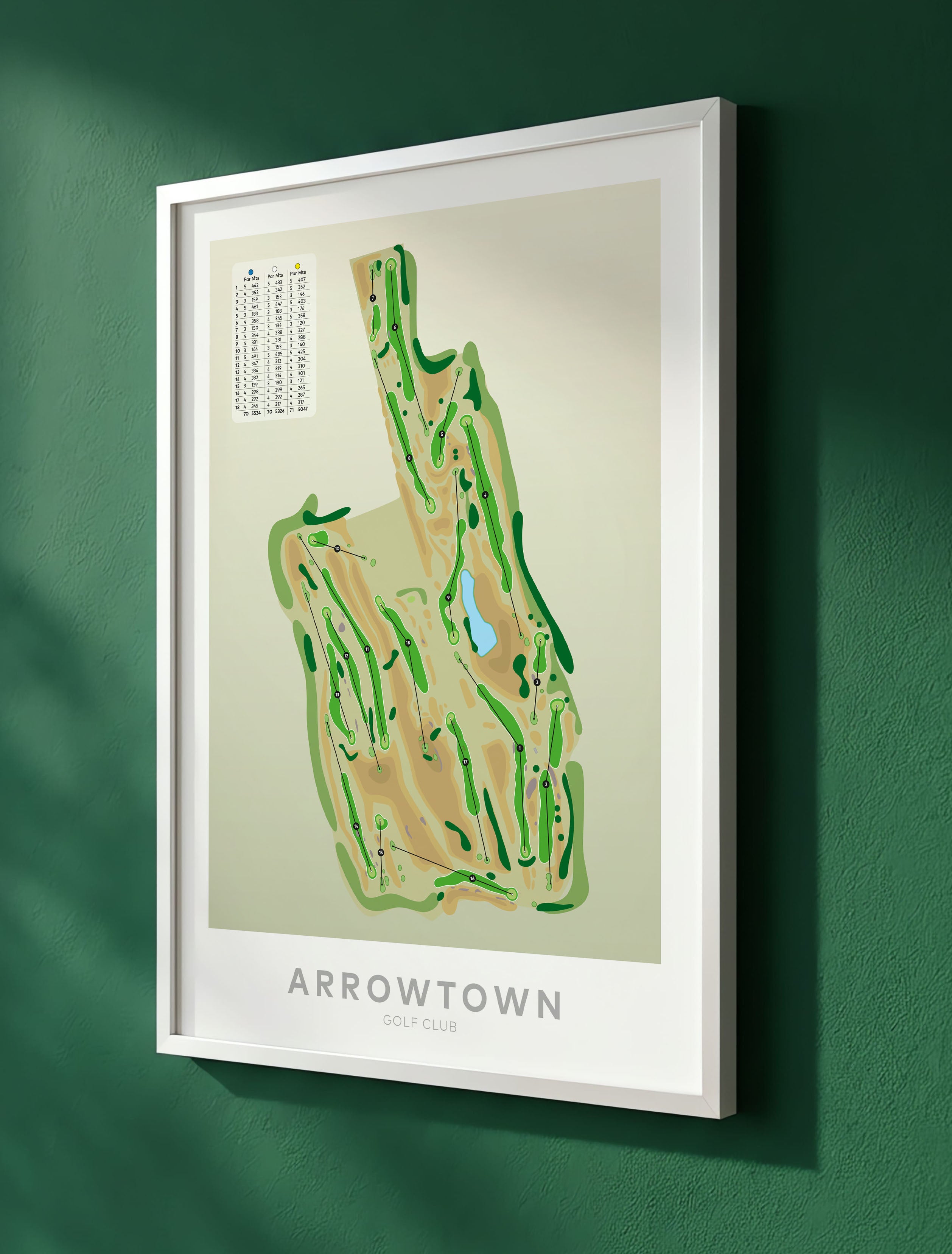 White framed minimalist fine art map of Arrowtown Golf Course, Queenstown Lakes Region, Otago, New Zealand