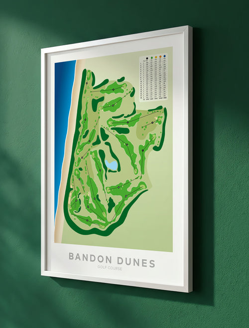 White framed minimalist fine art map of Bandon Dunes Golf Course, Oregon, Pacific Northwest, Coos Country, USA