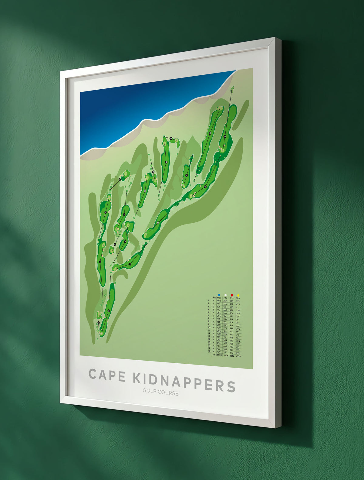 White framed minimalist fine art map of Cape Kidnappers Golf Course, Hawke’s Bay, New Zealand