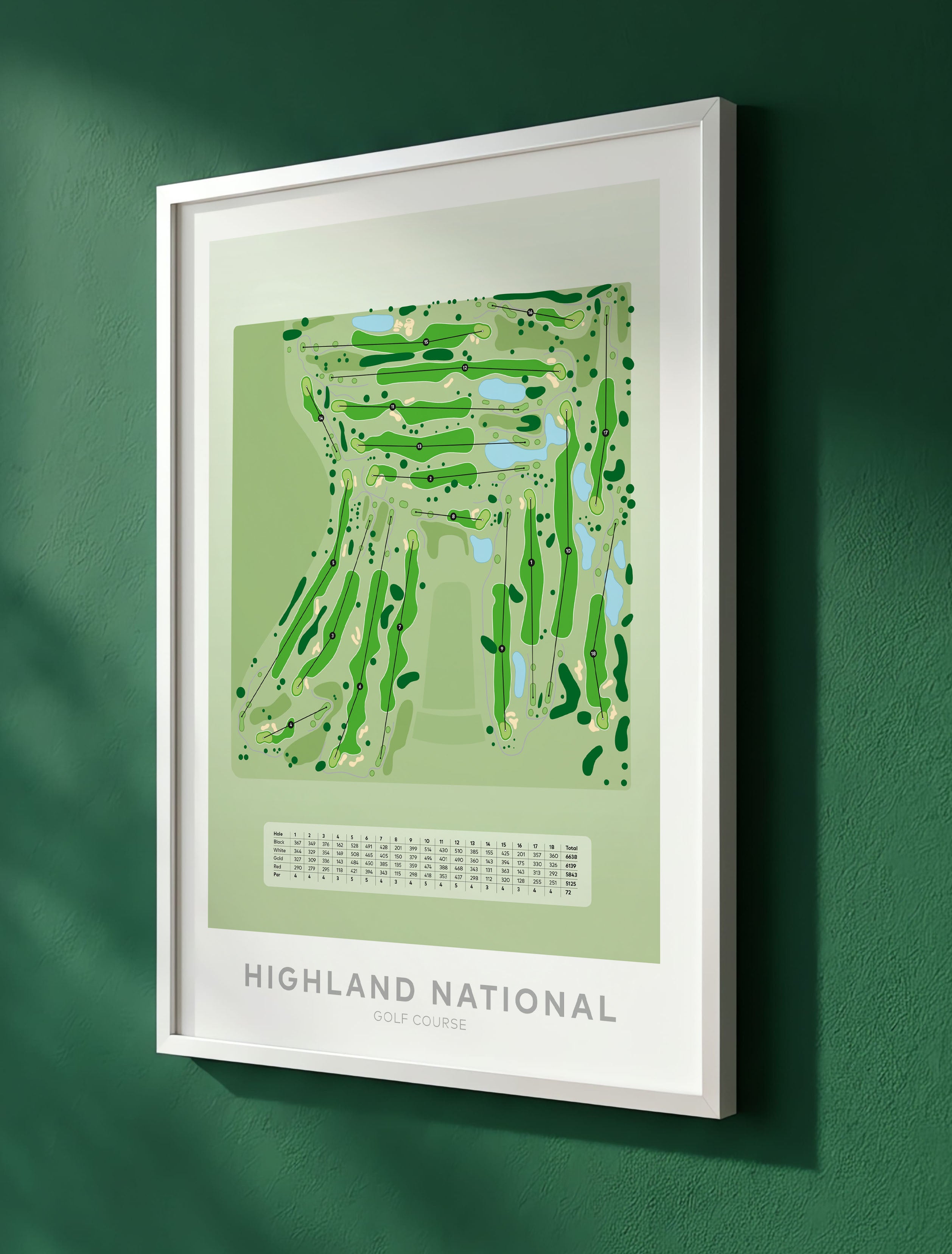 White Framed minimalist golf course map of Highland National Golf Course featuring Minnesota’s most famous golf hazard: the world-renowned Snoopy bunker. 