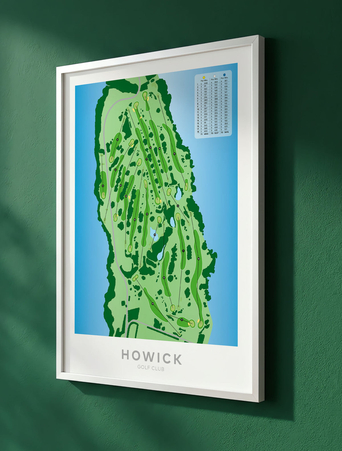 White framed minimalist fine art map of Howick Golf Course, Auckland, New Zealand