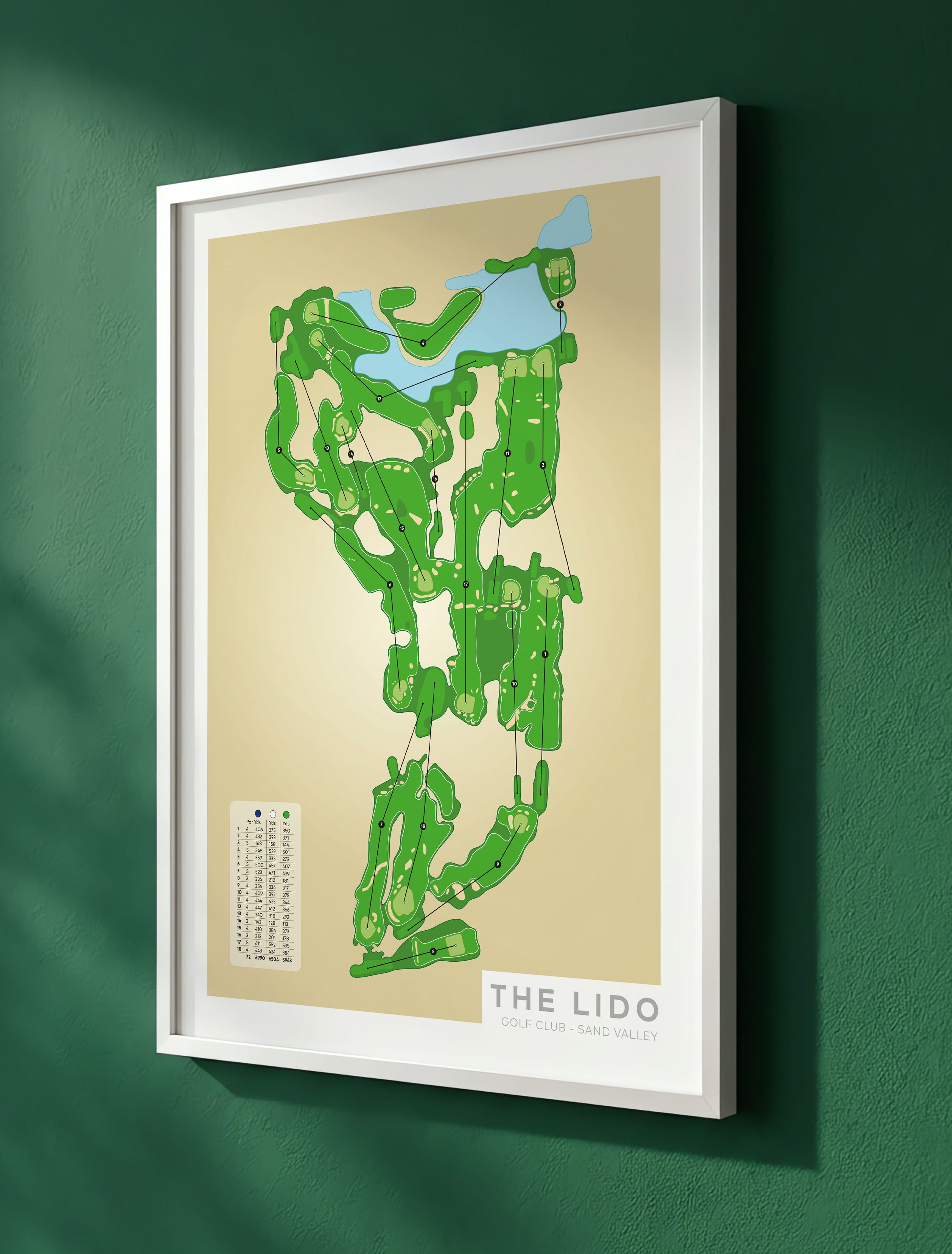 White framed Minimalist fine art map of The Lido Golf Course, Sand Valley, Wisconsin, USA