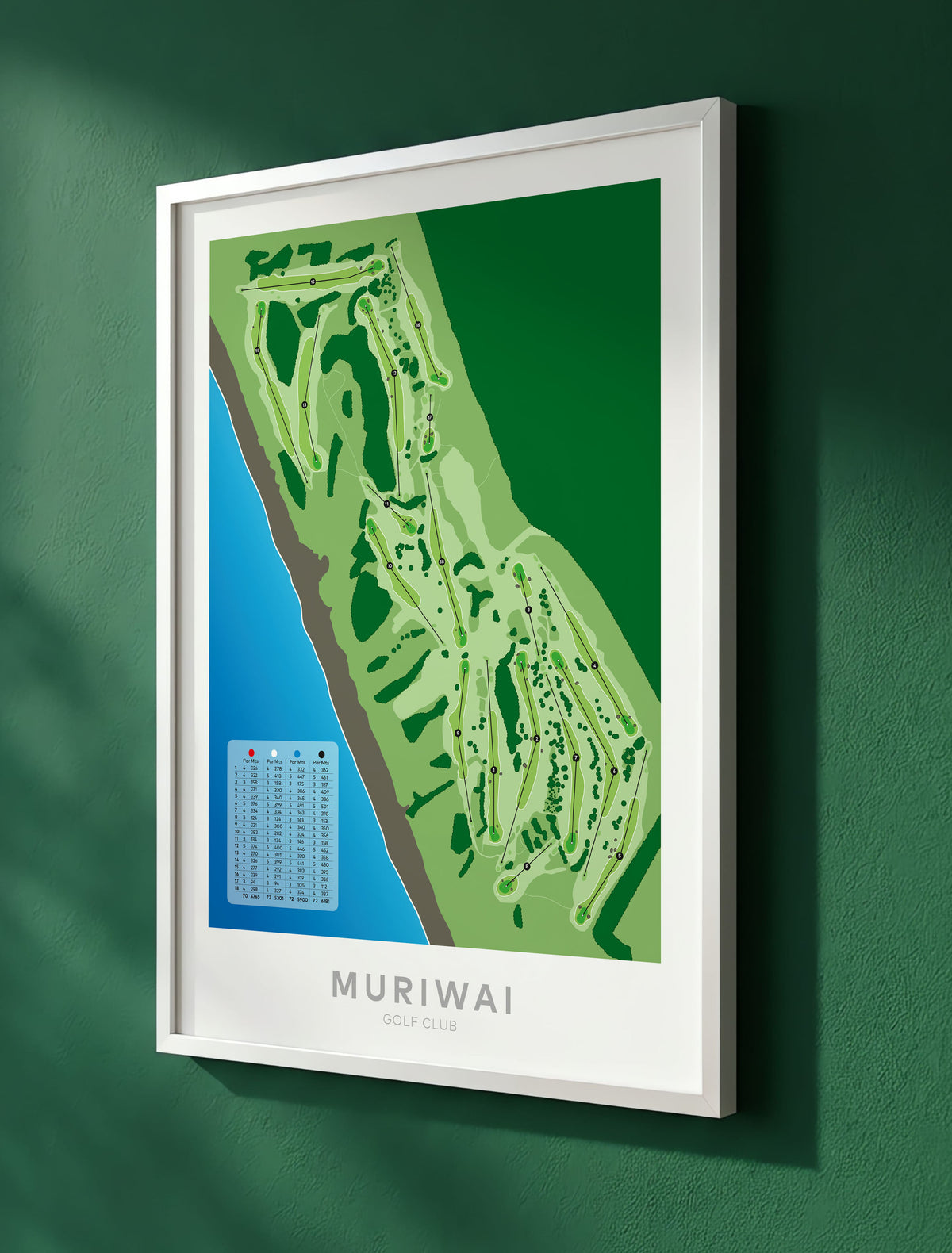 White framed minimalist fine art map of Muriwai Golf Course, West Auckland, New Zealand