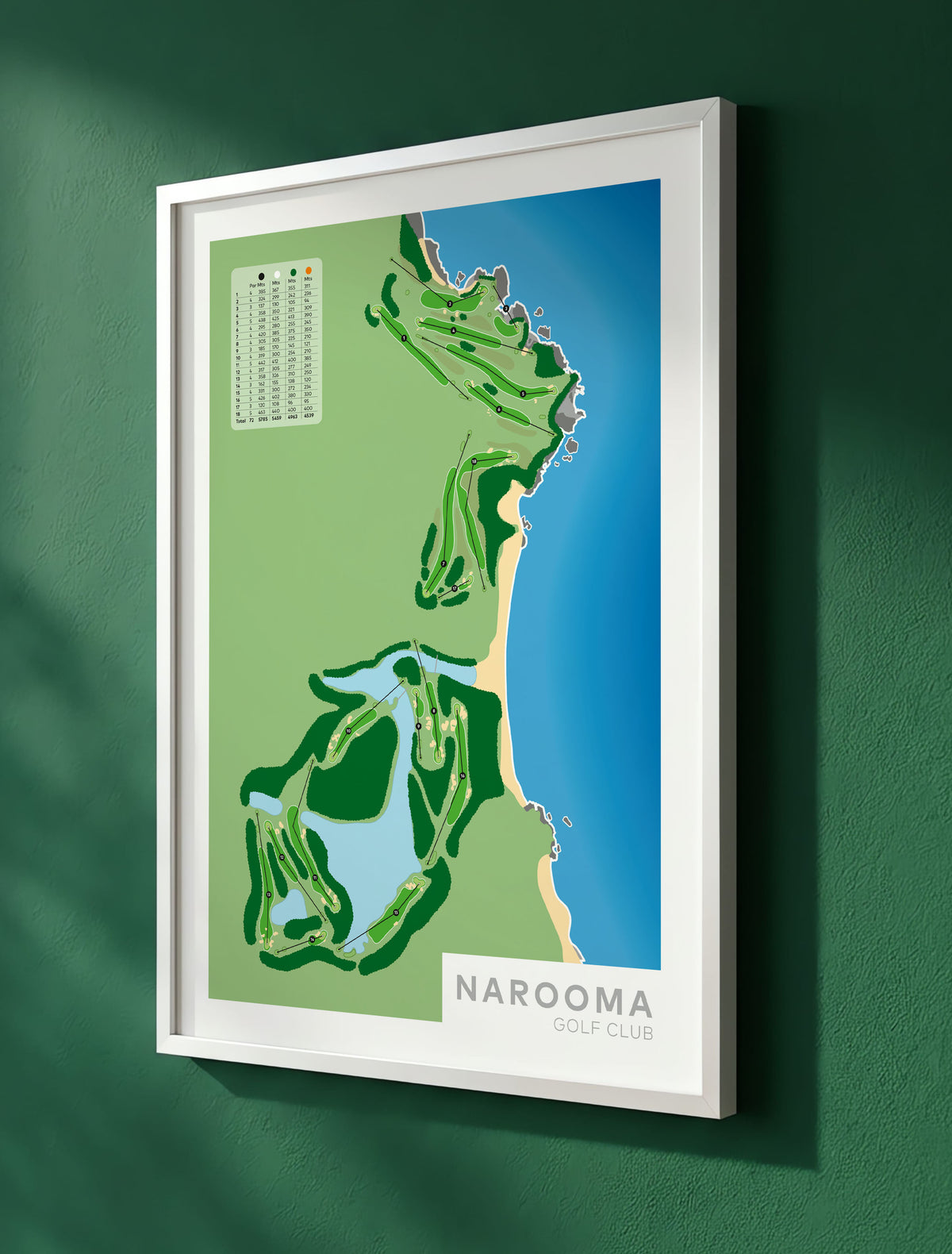 White framed minimalist fine art map of Narooma Golf Course, Eurobodalla Shire, South Coast Region, Australia-australia-golf-art