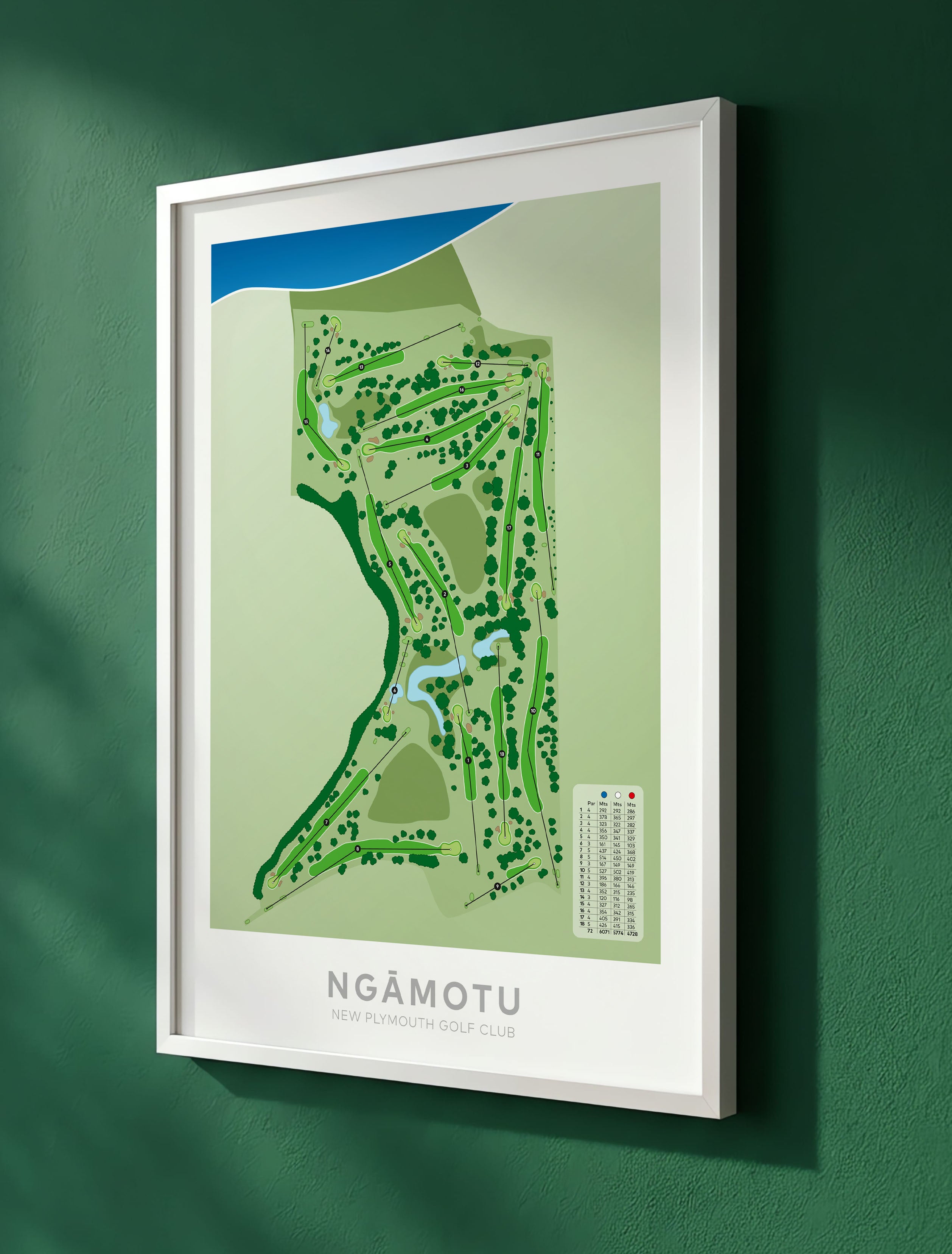 White framed Minimalist fine art map of Te Ngutu Golf Course, Taranaki, New Zealand