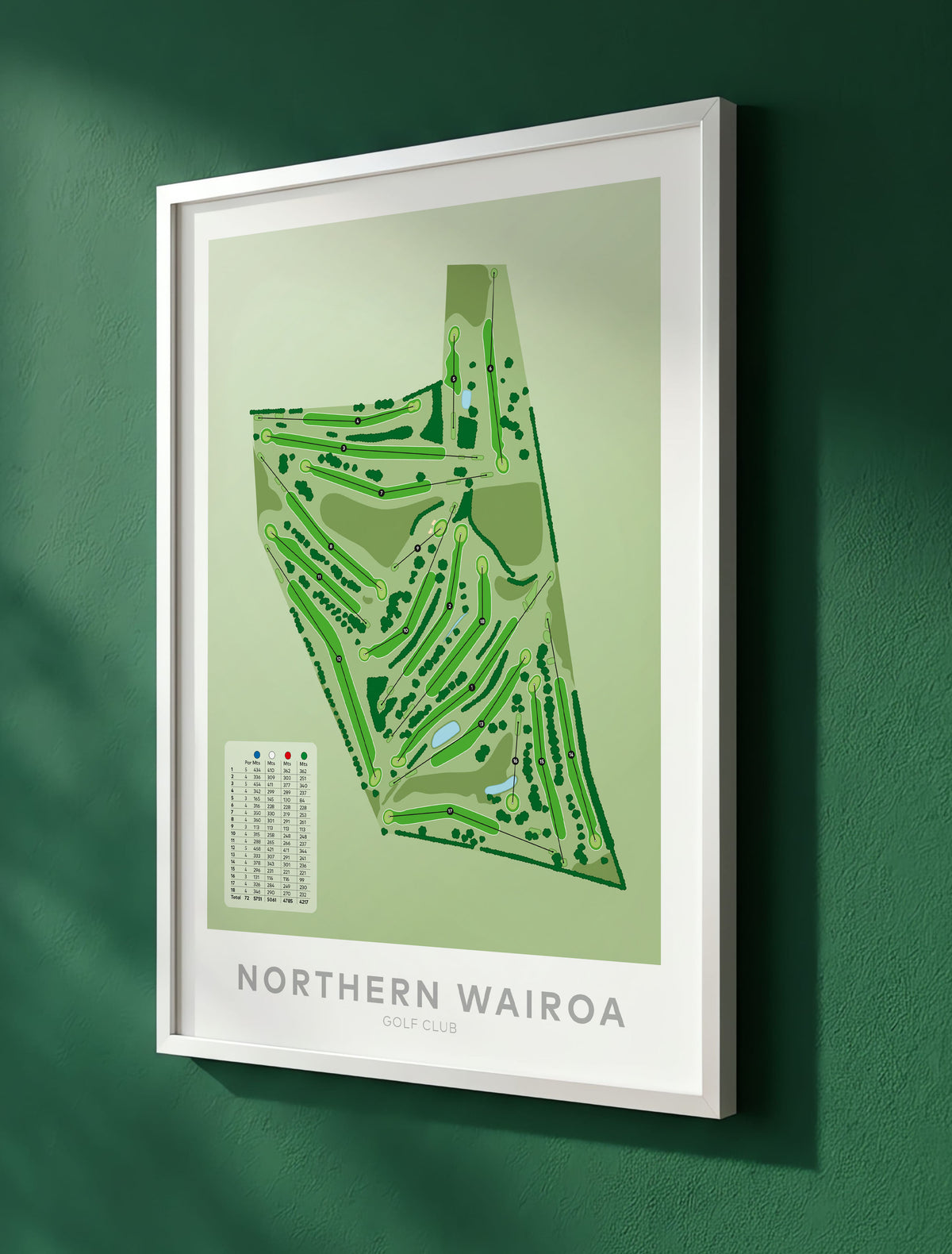 White framed minimalist fine art map of Northern Wairoa Golf Course, Northland, New Zealand