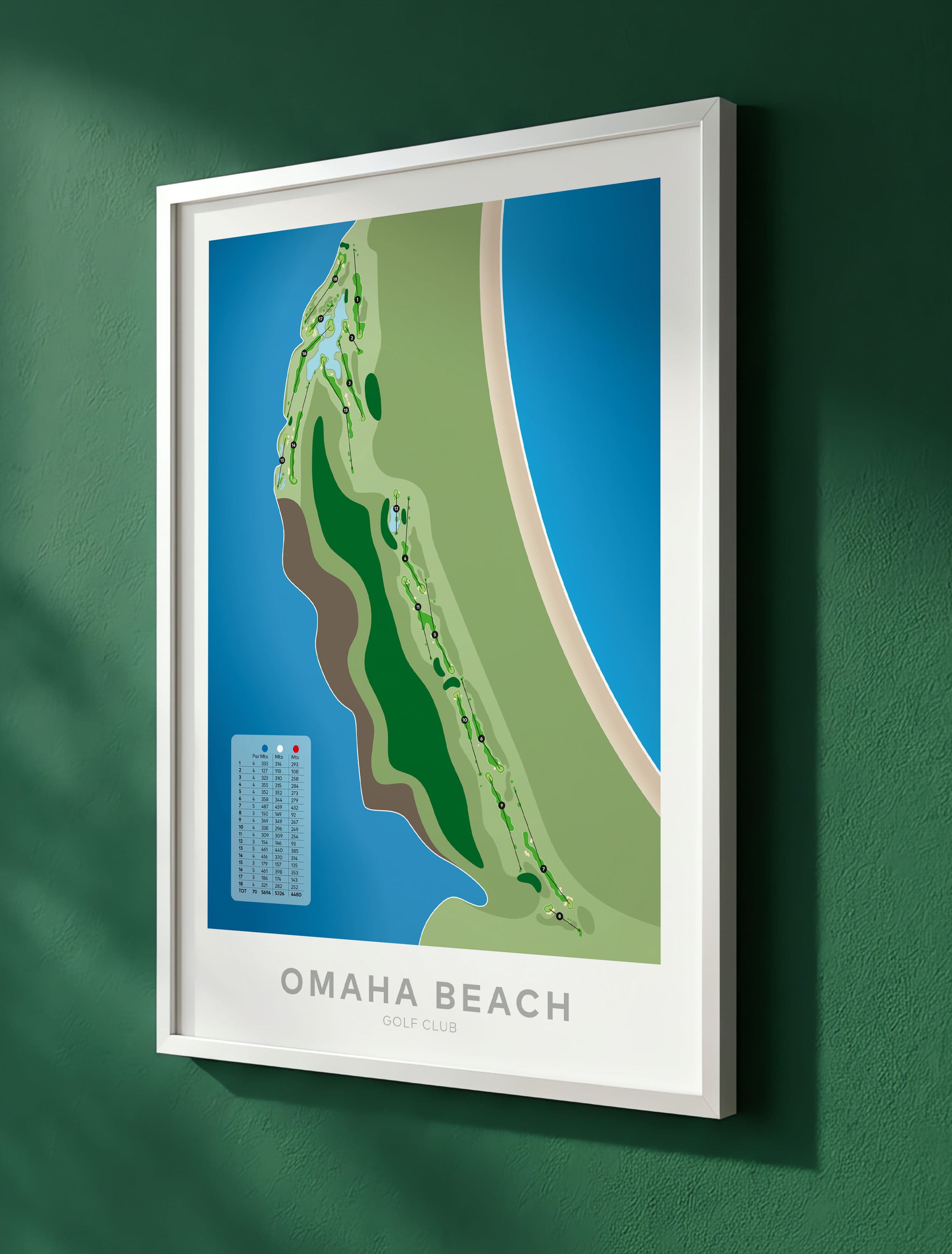 White framed Minimalist fine art map of Omaha Beach Golf Course, near Auckland, New Zealand