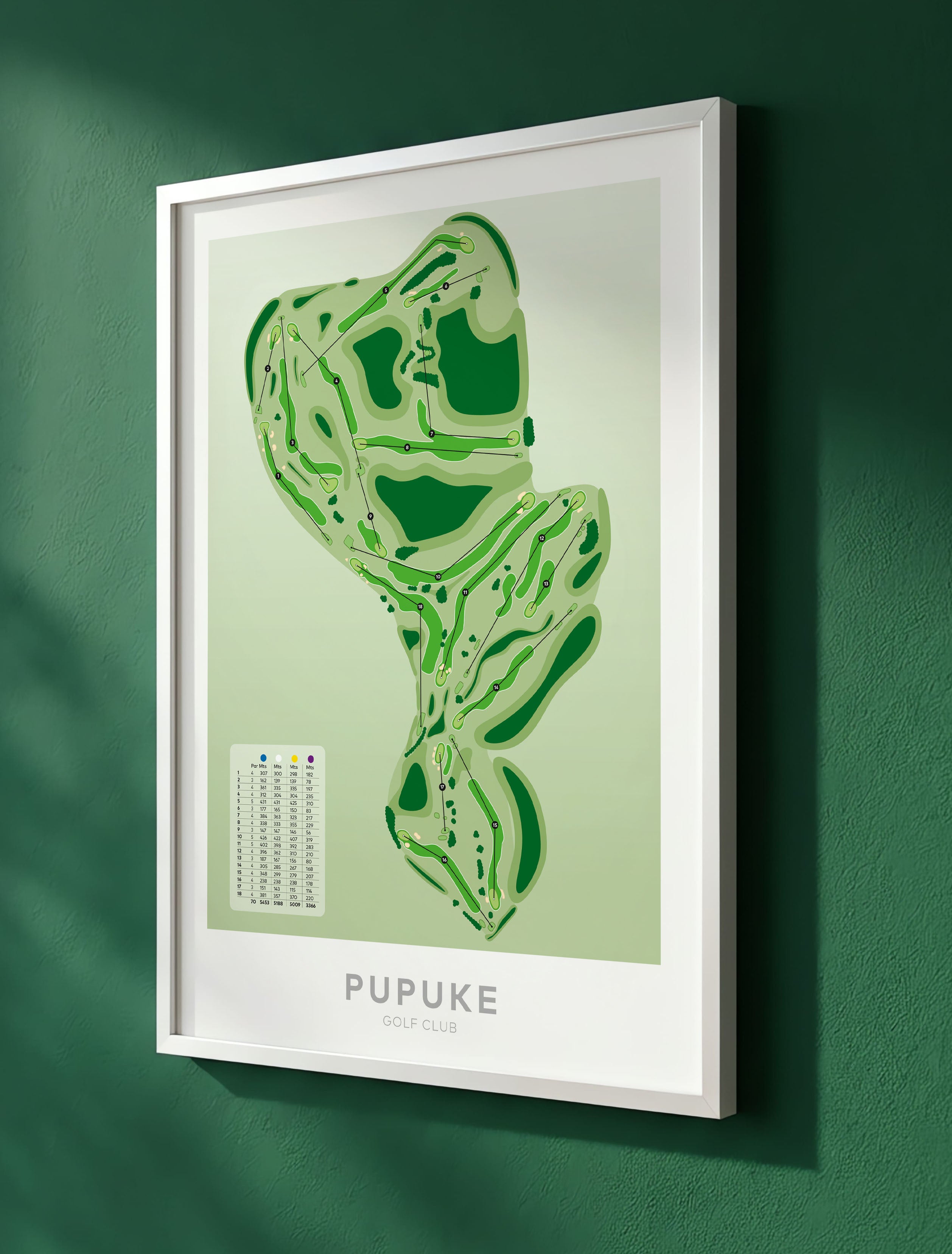 White framed Minimalist fine art map of Pupuke Golf Course, North Shore, Auckland, New Zealand