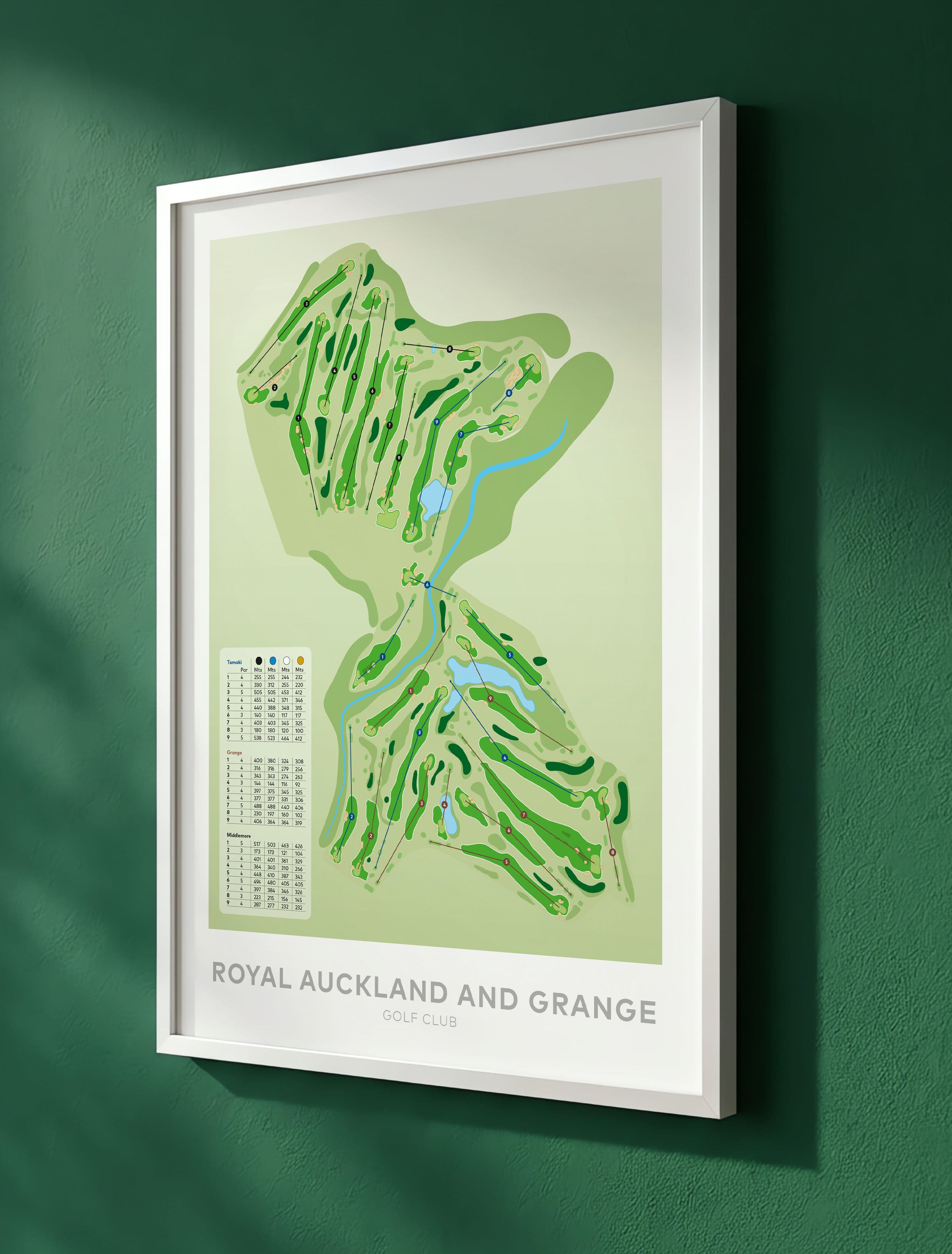 White framed Minimalist fine art map of Royal Auckland and Grange Golf Course, Auckland, New Zealand
