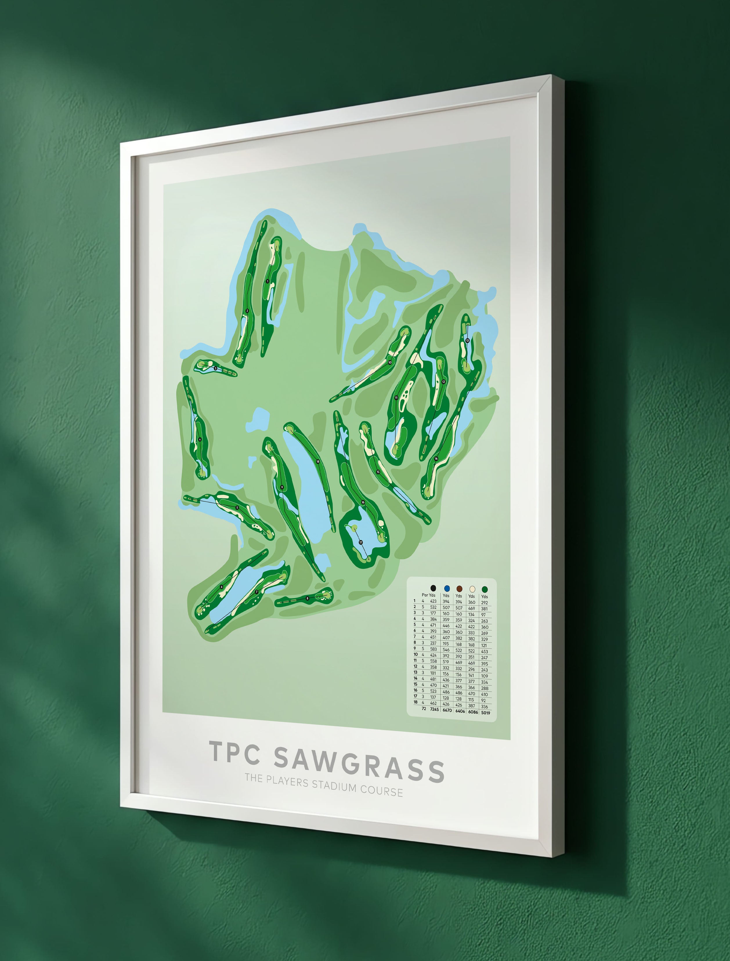 White framed Minimalist fine art map of TPC Sawgrass Golf Course, Ponte Vedra Beach, Florida, USA