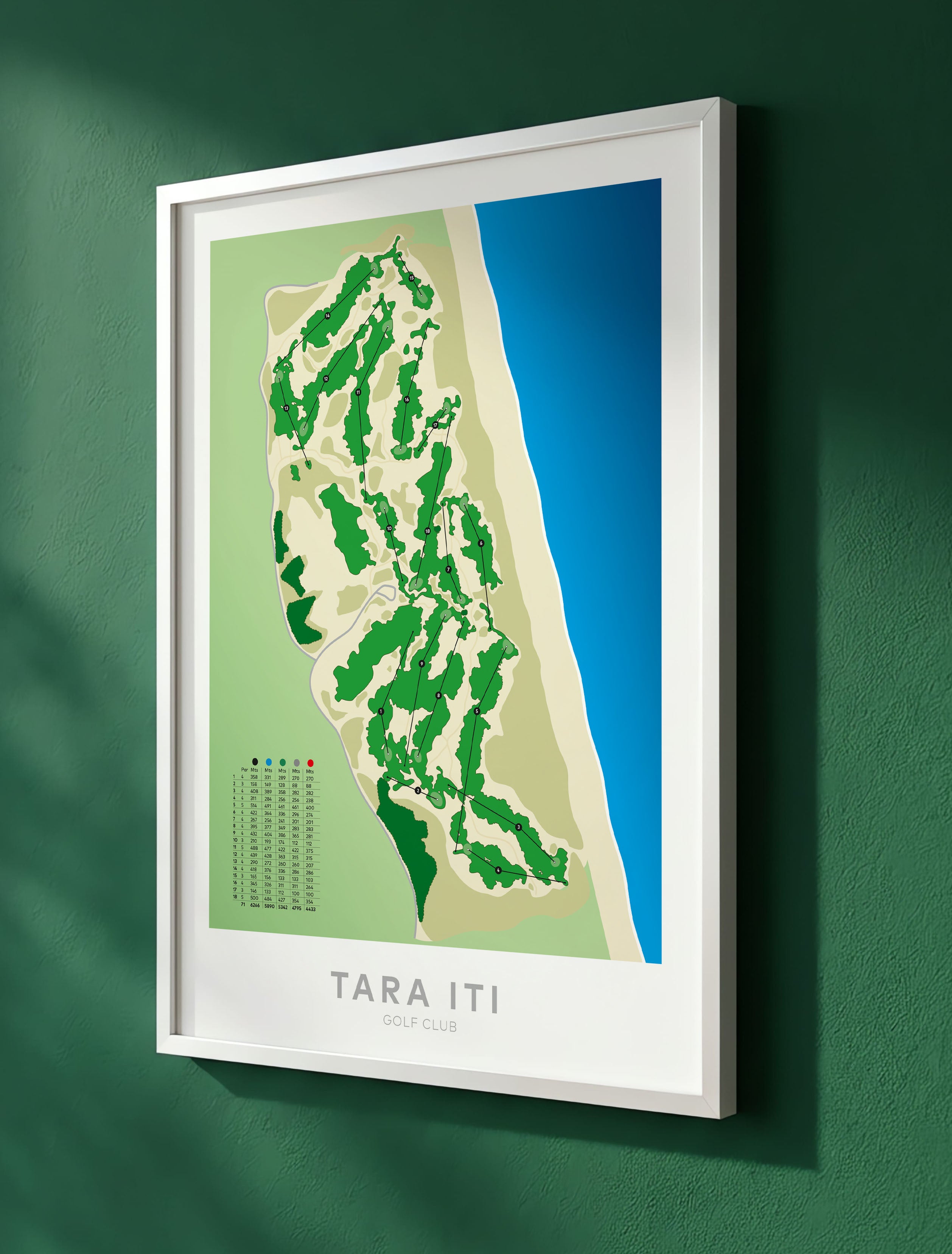 White framed Minimalist fine art map of Tara Iti Golf Course, Northland, New Zealand