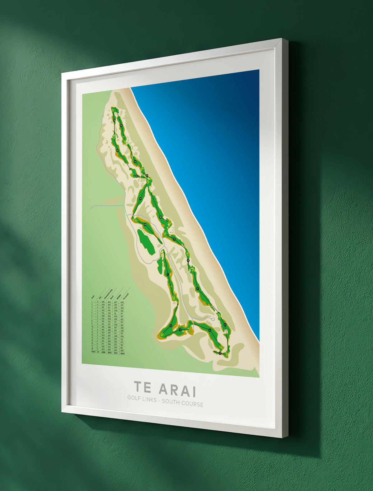 White framed Minimalist fine art map of Te Arai - South Golf Course, Northland, New Zealand
