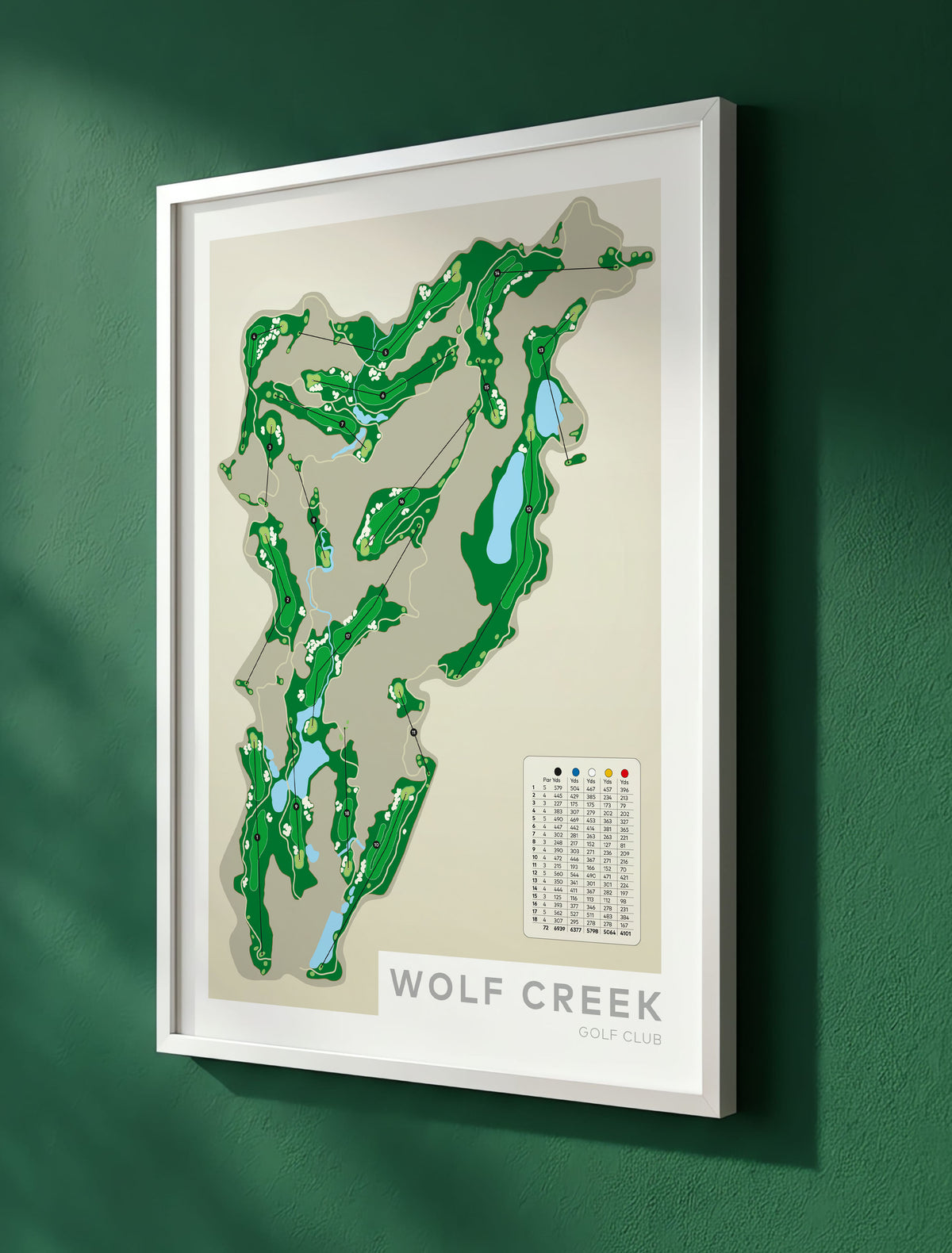 White framed Minimalist fine art map of Wolf Creek Golf Course, Nevada USA