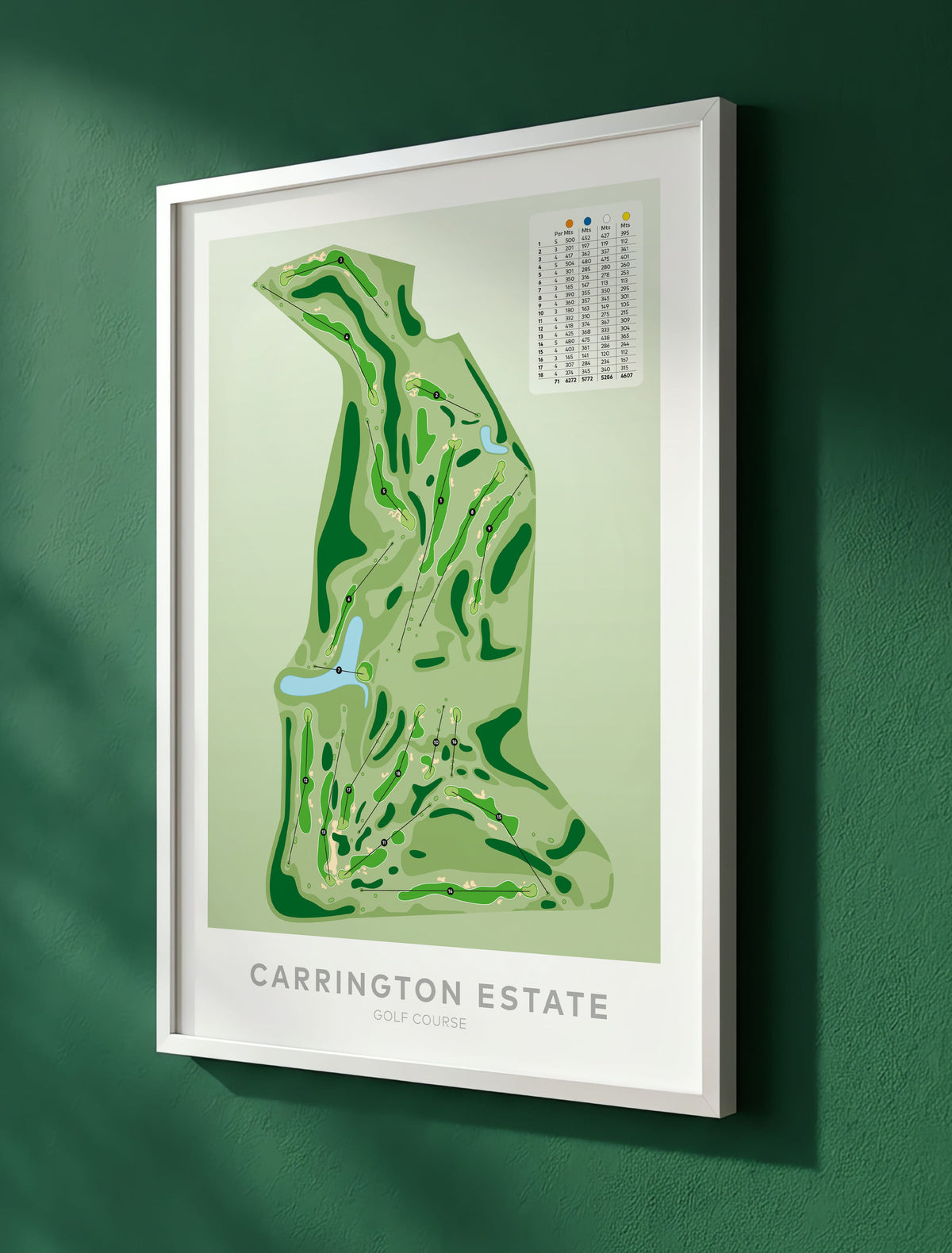 White framed minimalist fine art map of Carrington Estate Golf Course, Northland, New Zealand