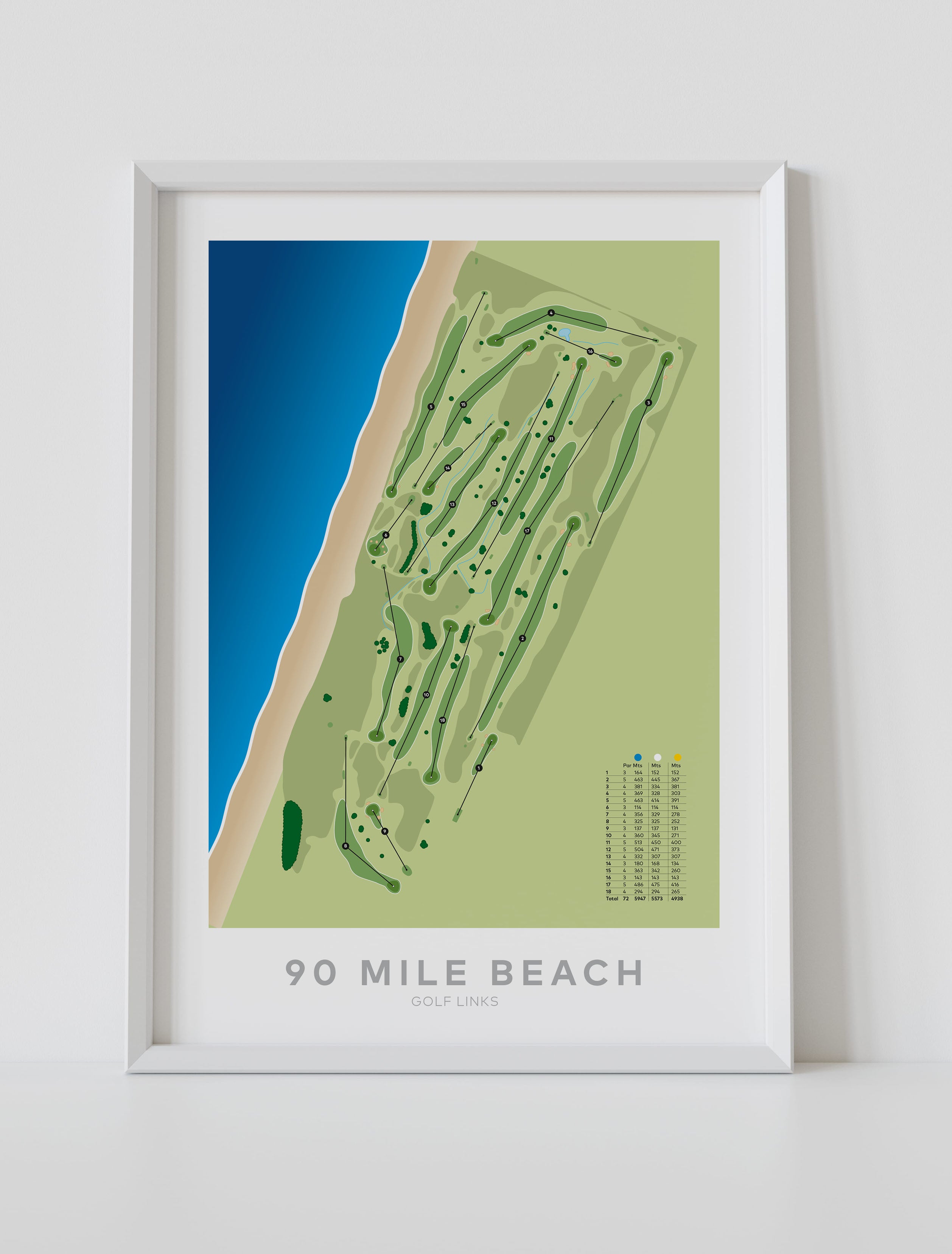 White framed minimalist fine art map of 90 Mile Beach (Kaitaia) Golf Course, Northland, New Zealand