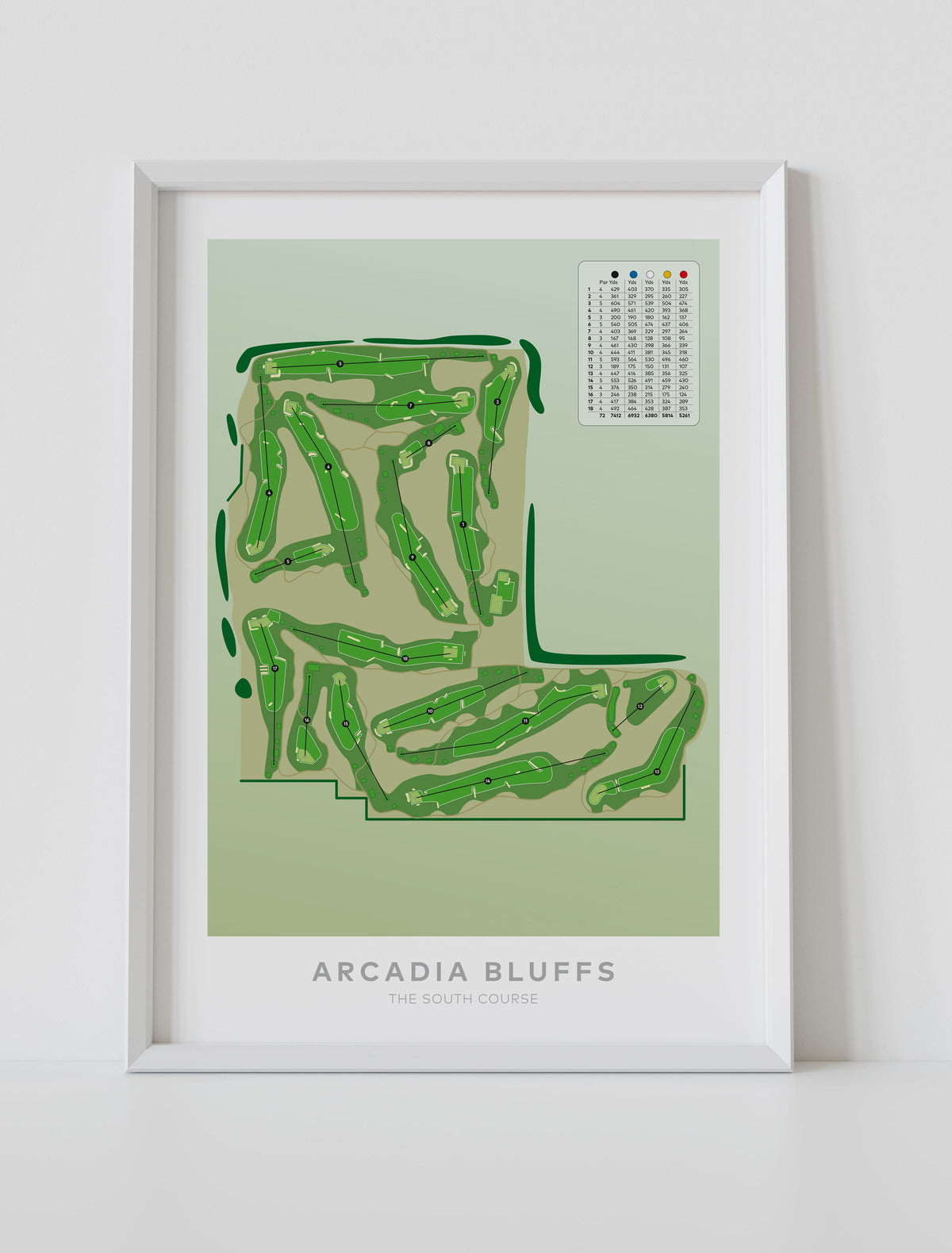 White framed minimalist fine art map of Arcadia Bluffs South Golf Course, Michigan, Midwest, Manistee County, USA