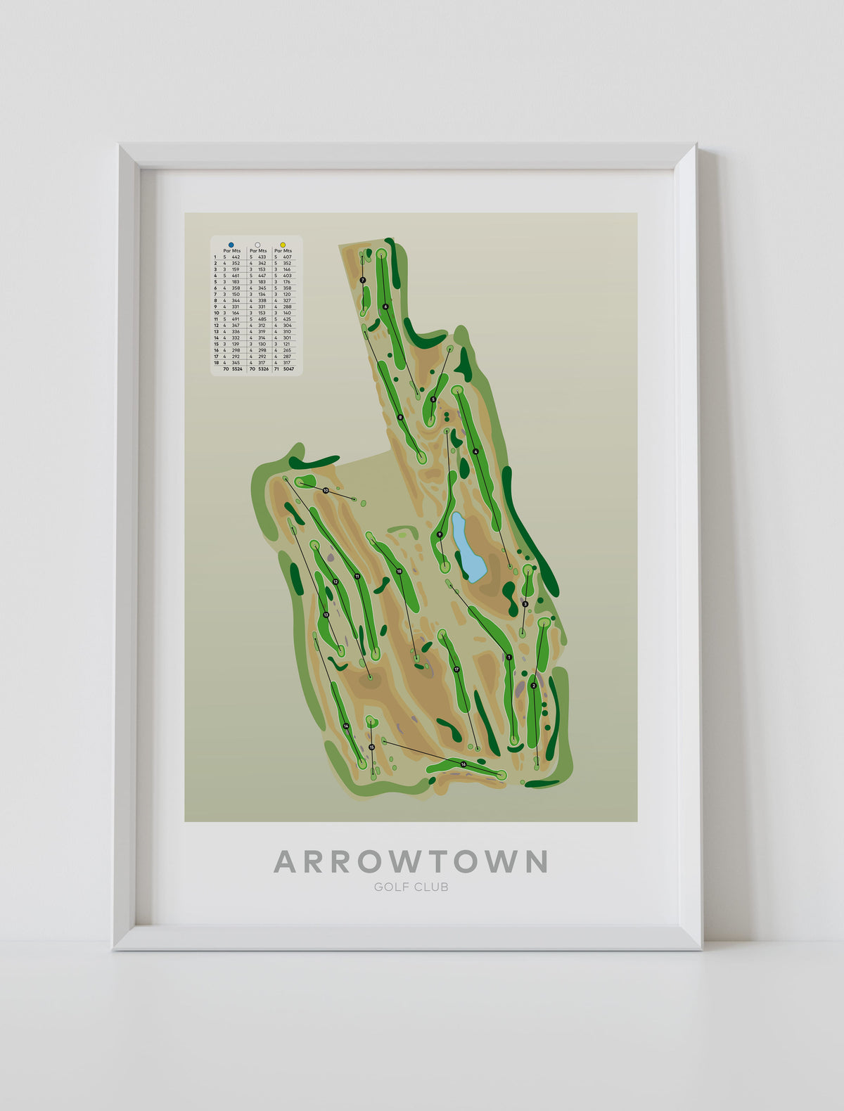 White framed minimalist fine art map of Arrowtown Golf Course, Queenstown Lakes Region, Otago, New Zealand