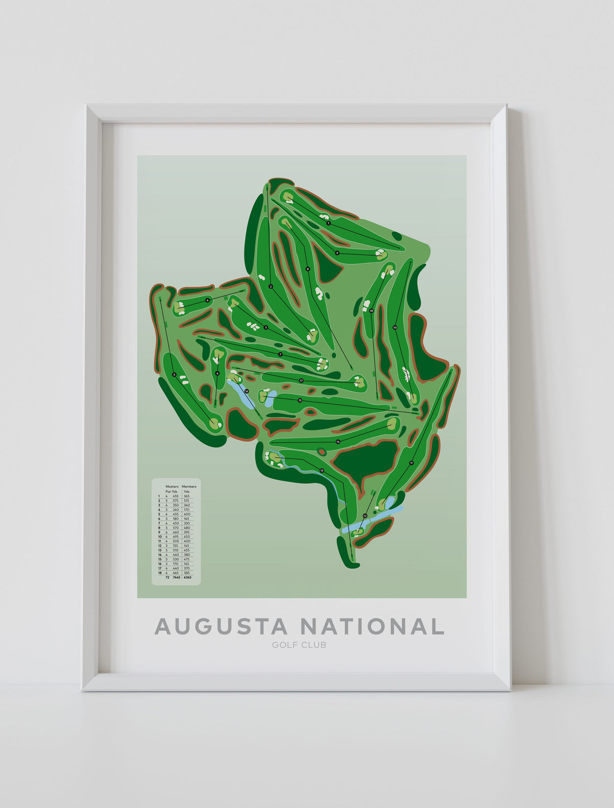 White framed minimalist fine art map of Augusta National Golf Course, Georgia, Southeast, Richmond County, USA