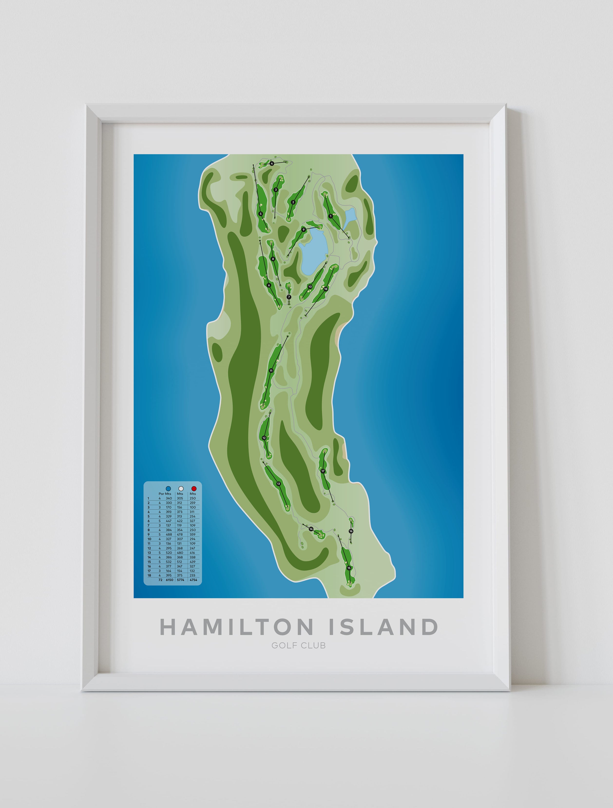 White framed minimalist fine art map of Hamilton Island Golf Course, Dent Island, Whitsundays, Queensland, Australia-australia-golf-art