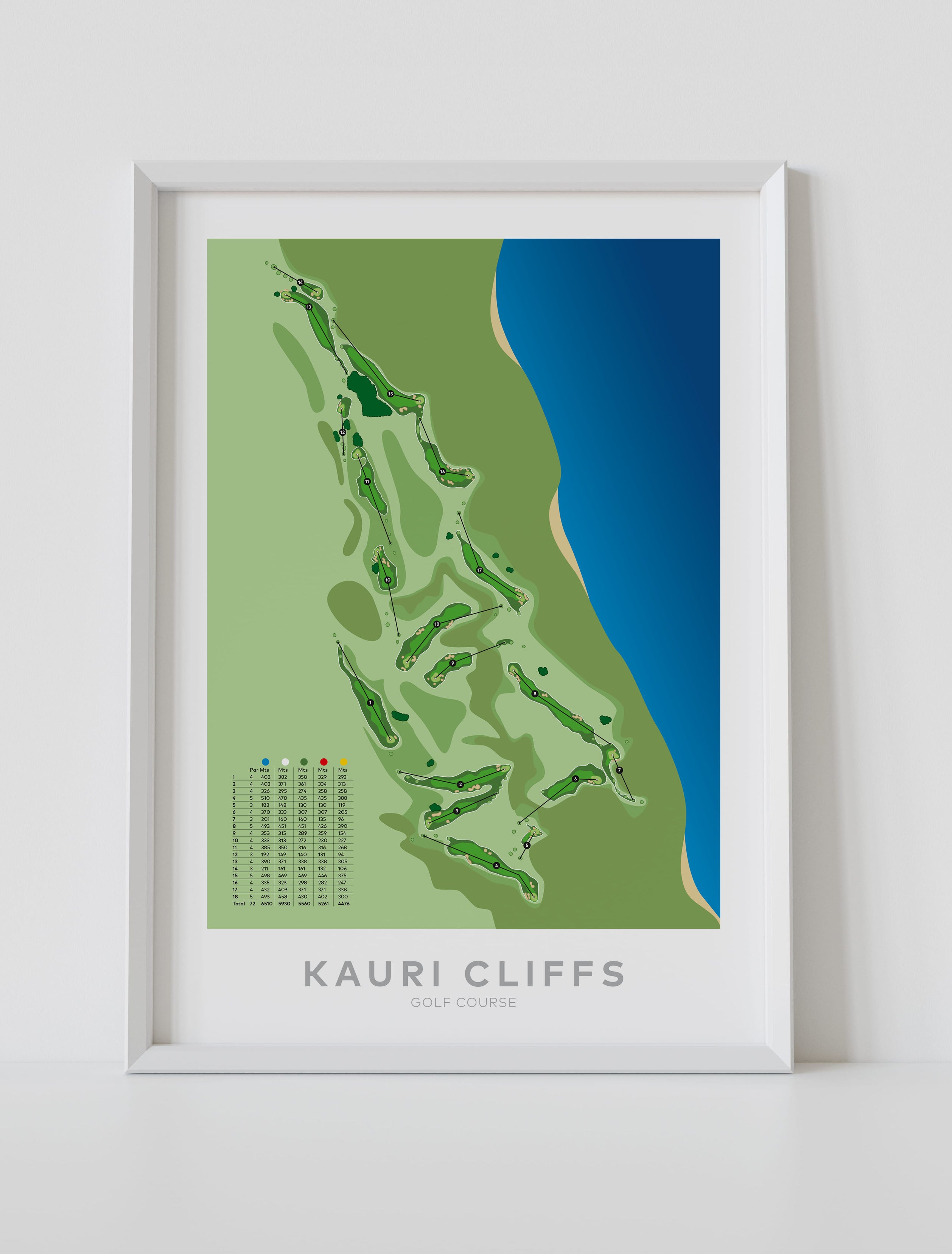 White framed minimalist fine art map of Kauri Cliffs Golf Course, Northland, New Zealand