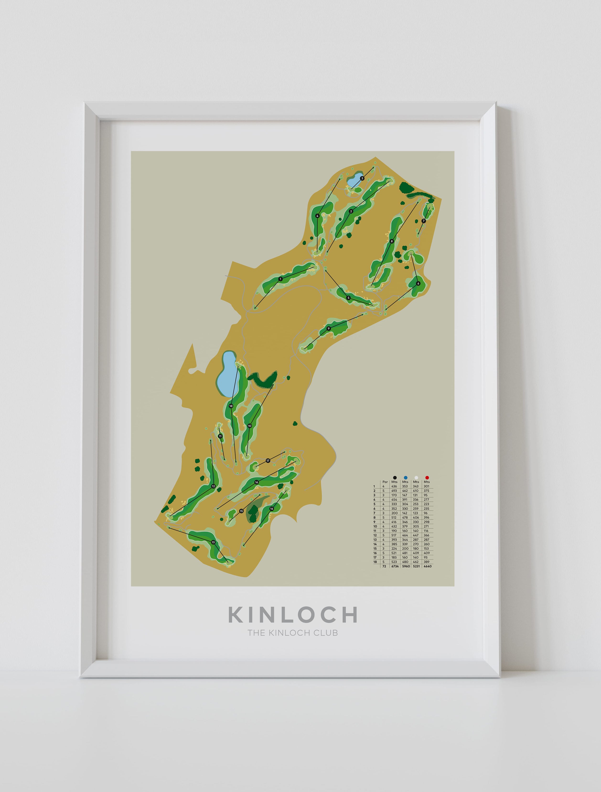 White framed minimalist fine art map of Kinloch Golf Course, Taupo, New Zealand