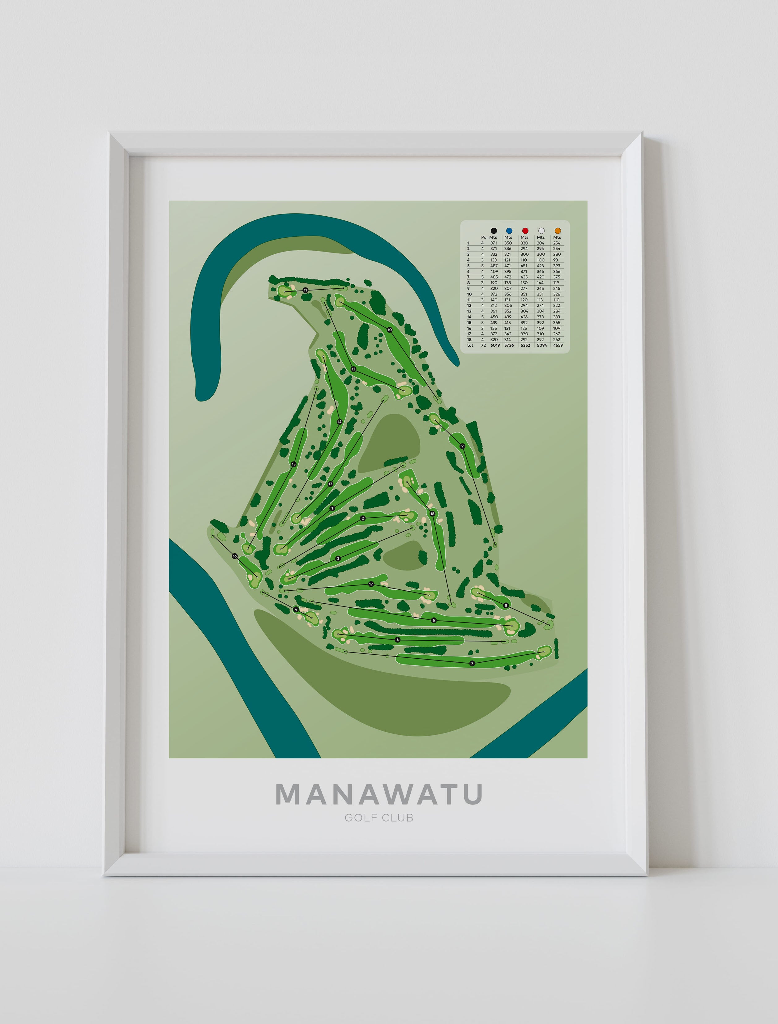 White framed minimalist fine art map of Manawatu Golf Course, Palmerston North, Taranaki, New Zealand.