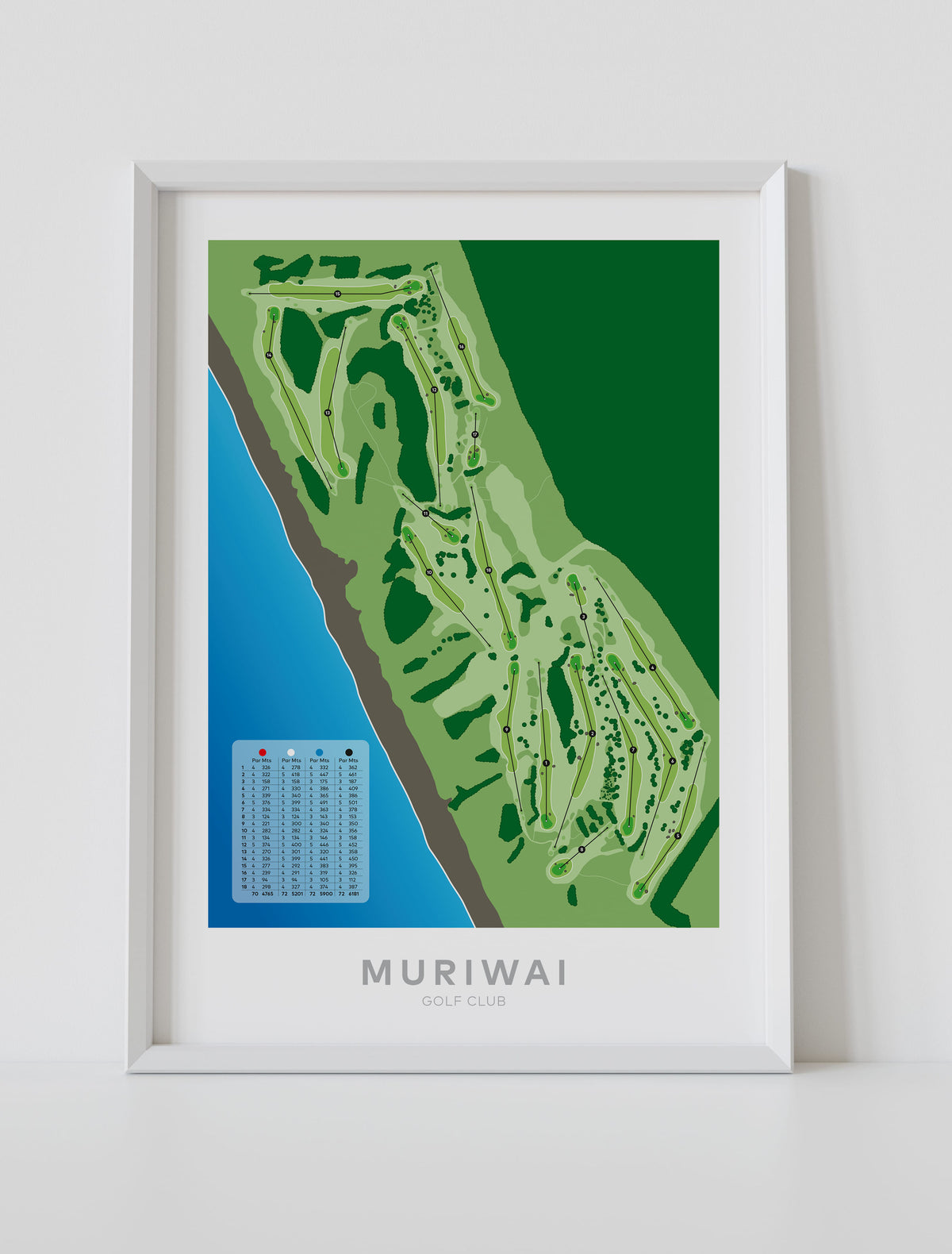 White framed minimalist fine art map of Muriwai Golf Course, West Auckland, New Zealand