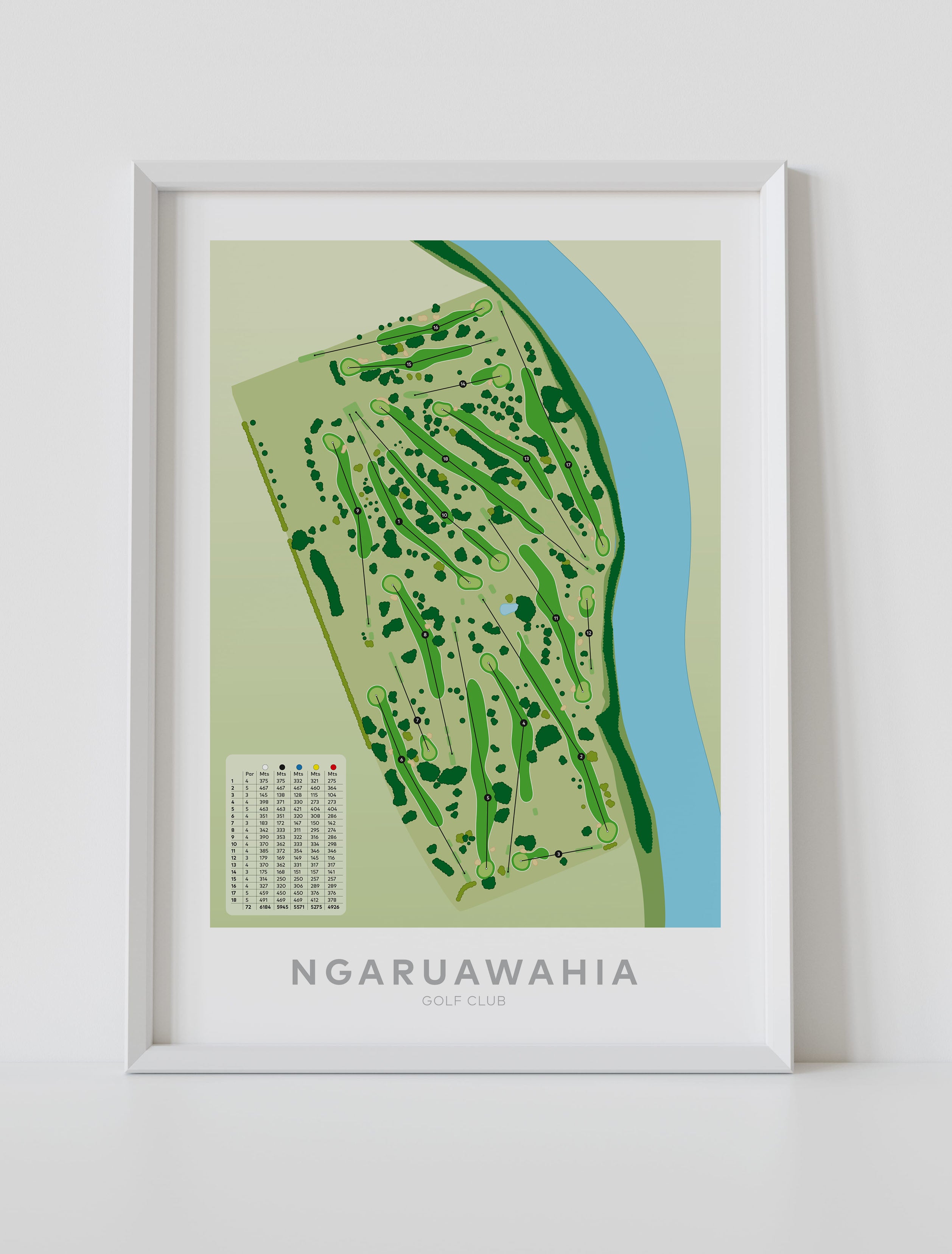 White framed Minimalist fine art map of Ngaruawahia Golf Course, Hamilton, Waikato, New Zealand