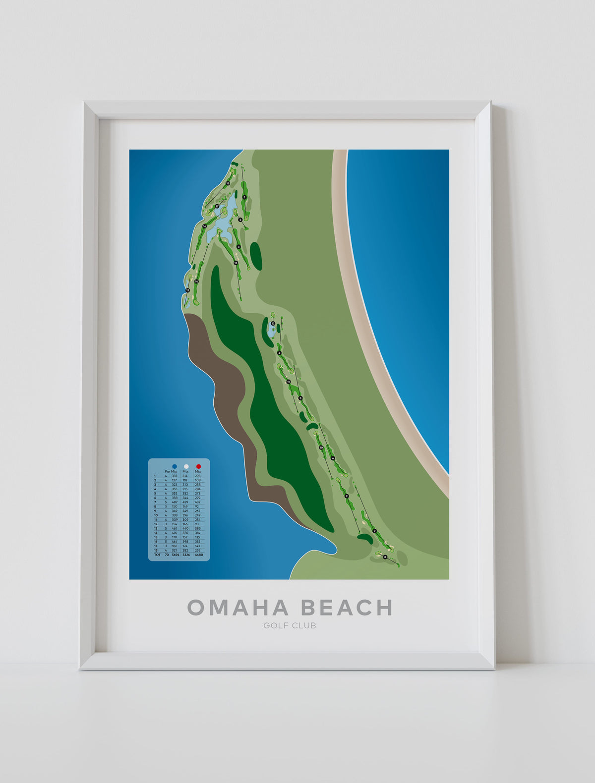 White framed Minimalist fine art map of Omaha Beach Golf Course, near Auckland, New Zealand