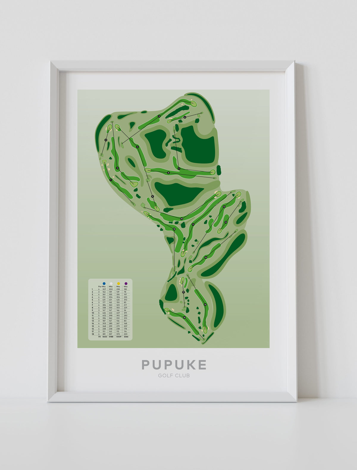 White framed Minimalist fine art map of Pupuke Golf Course, North Shore, Auckland, New Zealand