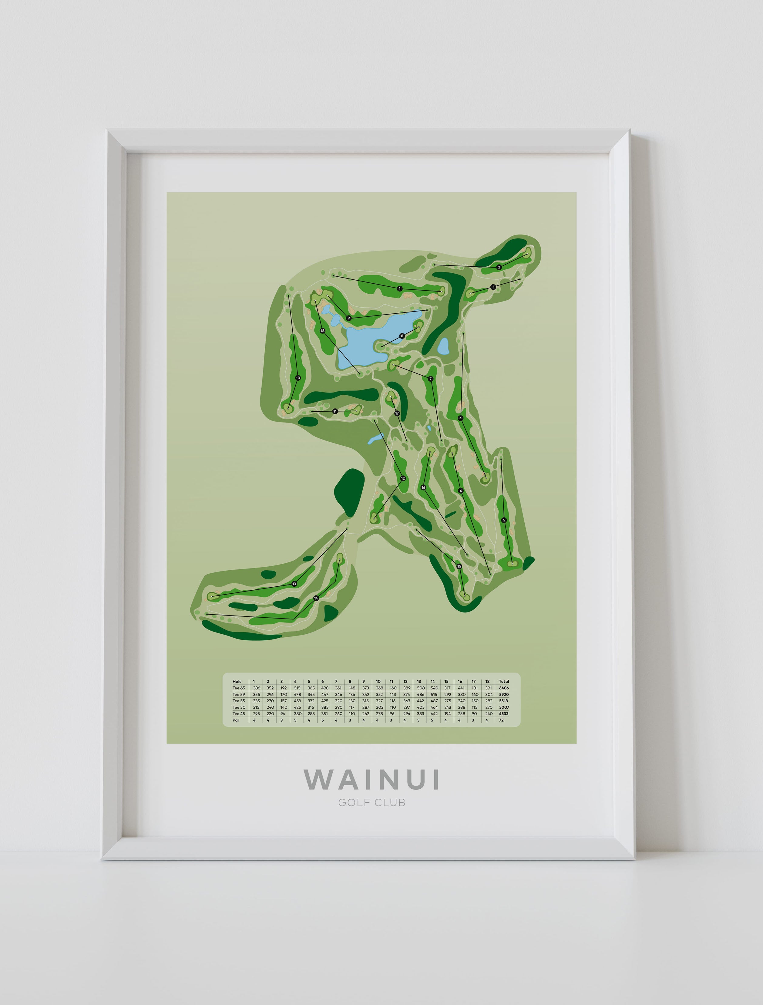 White framed Minimalist fine art map of Wainui Golf Course, North Shore, Auckland, New Zealand