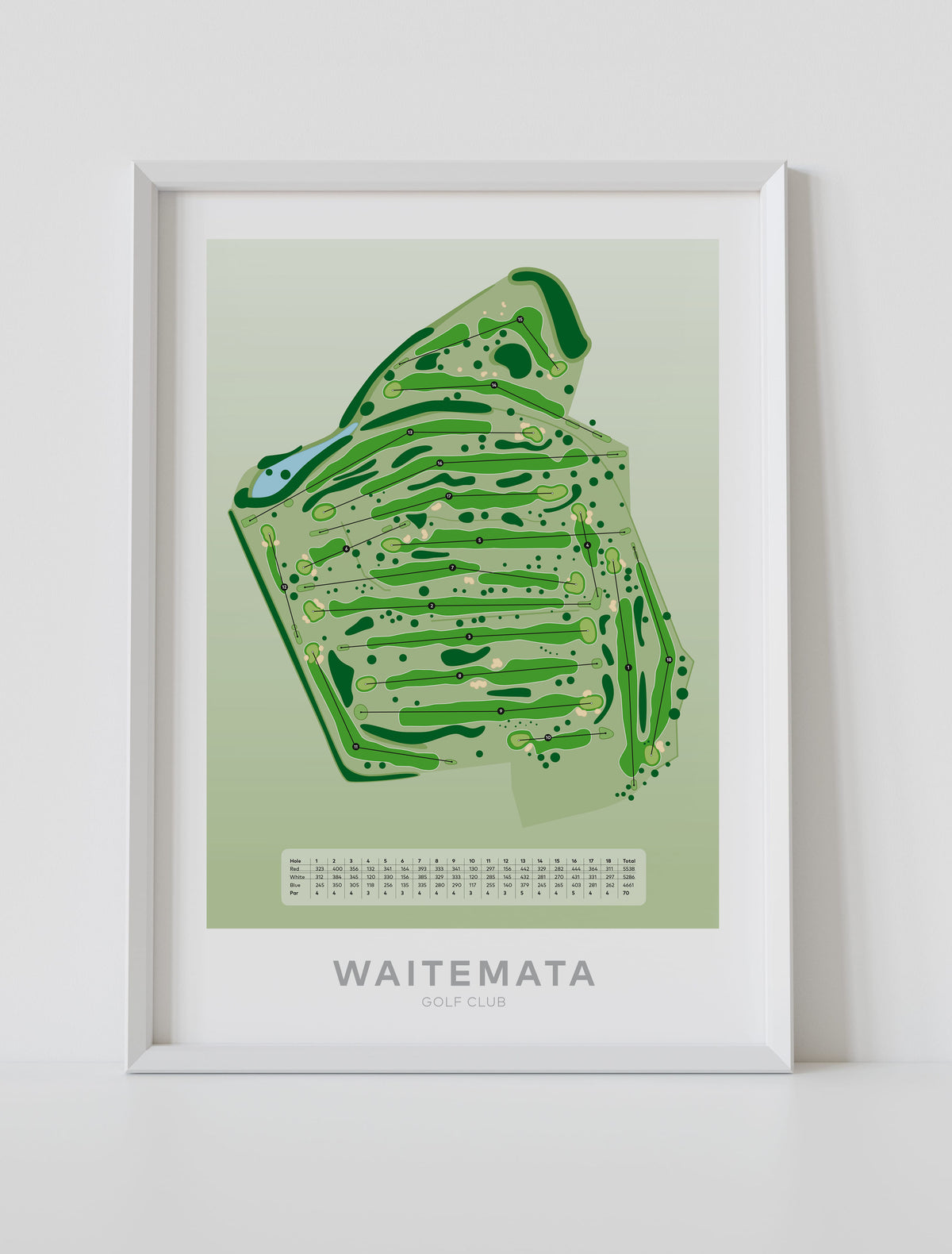 White framed Minimalist fine art map of Waitemata Golf Course, North Shore, Devonport, Auckland, New Zealand