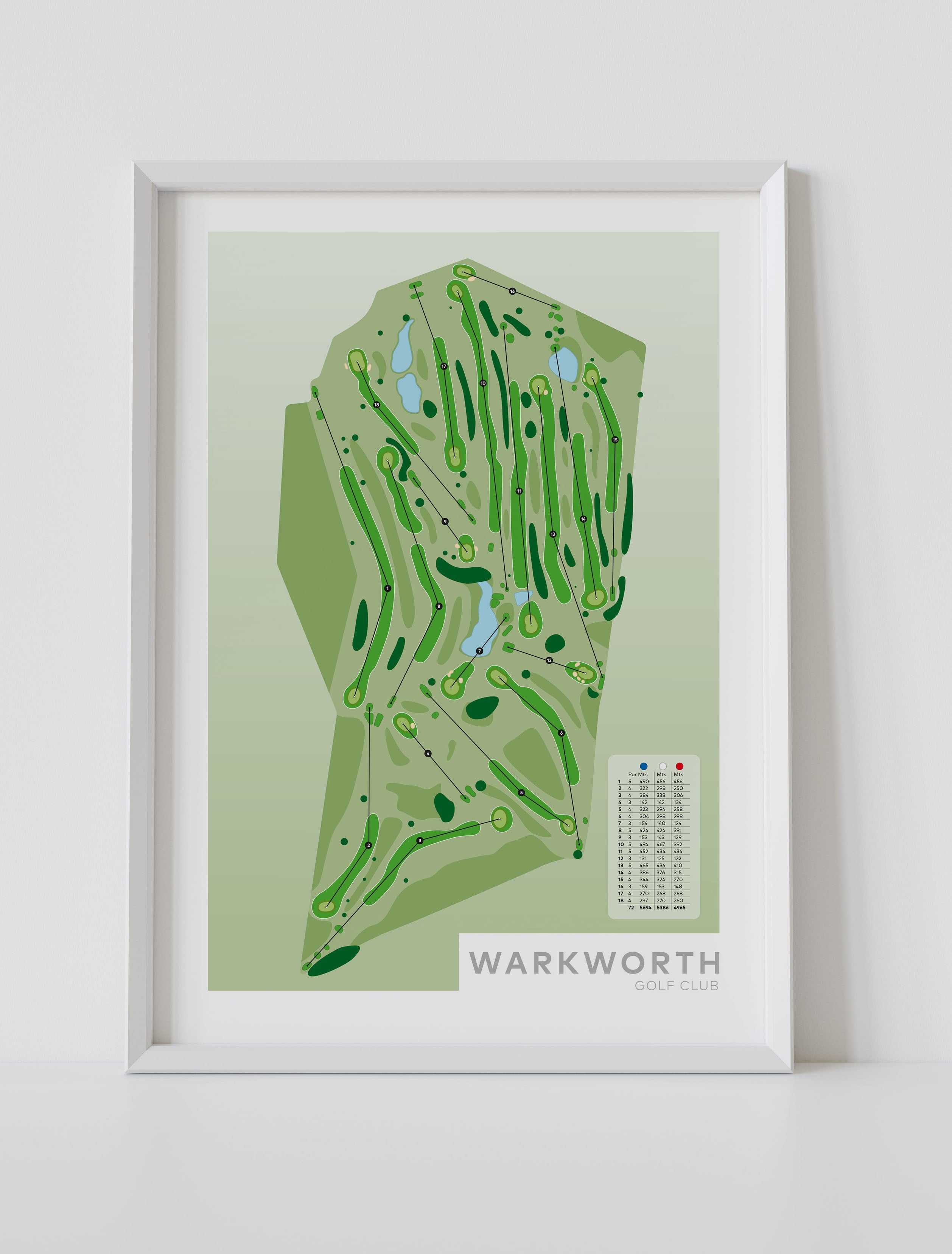 White framed Minimalist fine art map of Warkworth Golf Course, Auckland region, New Zealand